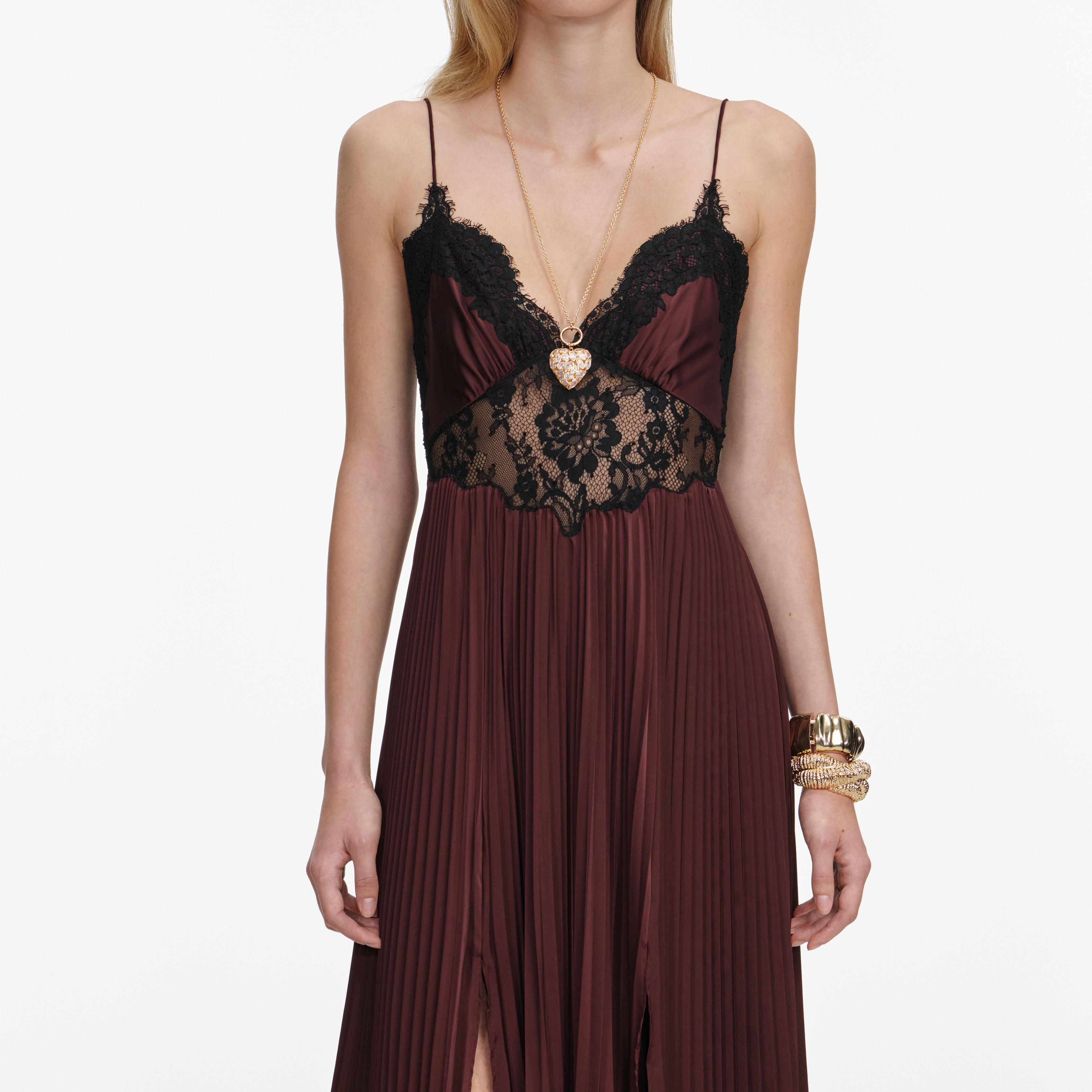 Brown Satin Lace Insert Maxi Dress