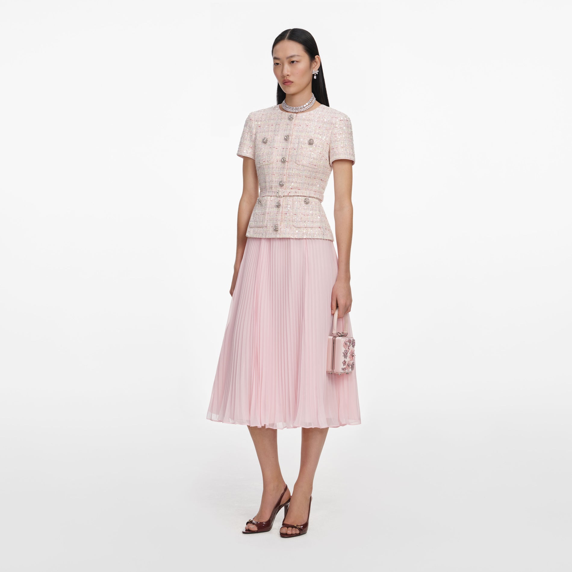 Pink Sequin Boucle Tailored Midi Dress