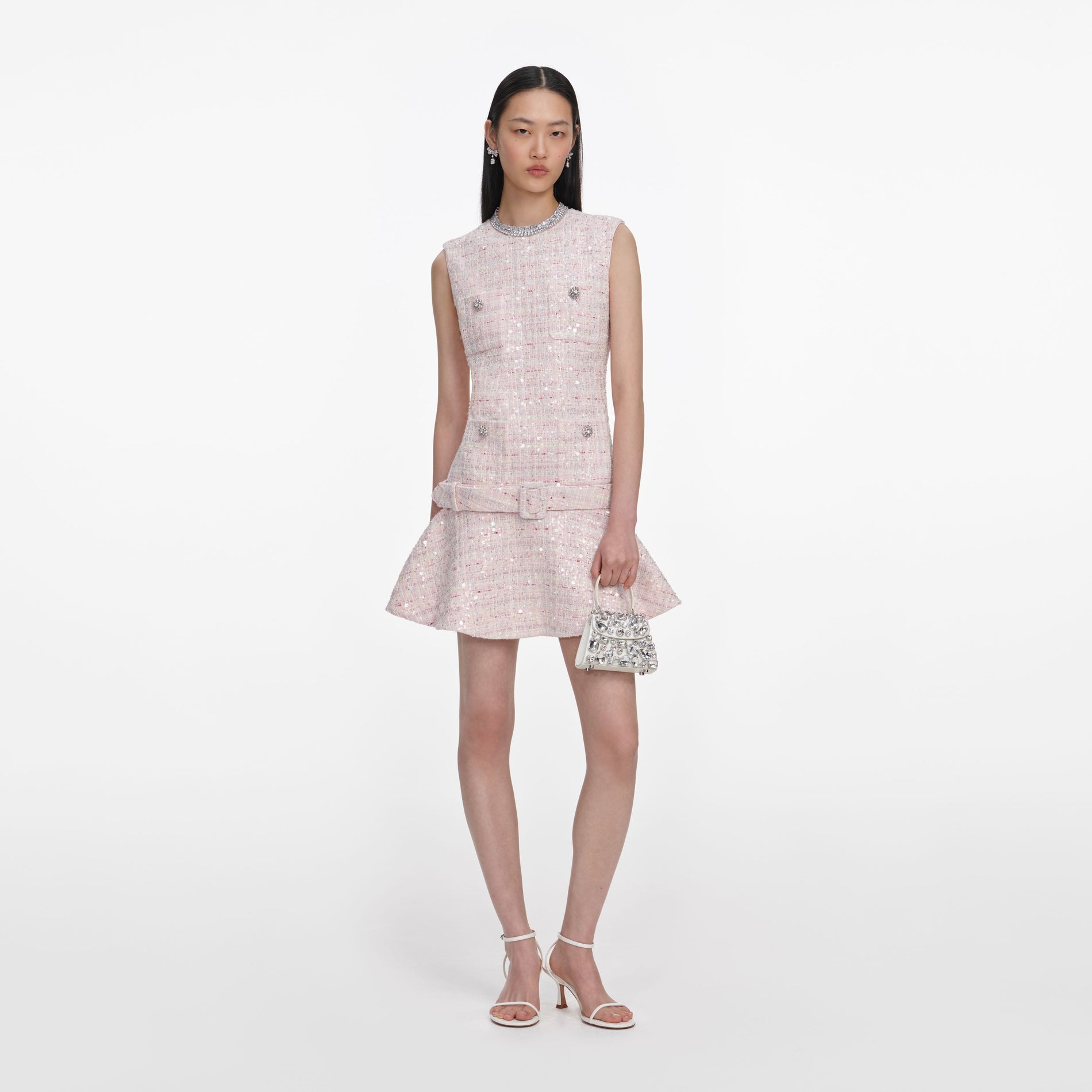 Front view of a woman wearing the Pink Sequin Boucle Belted Mini Dress