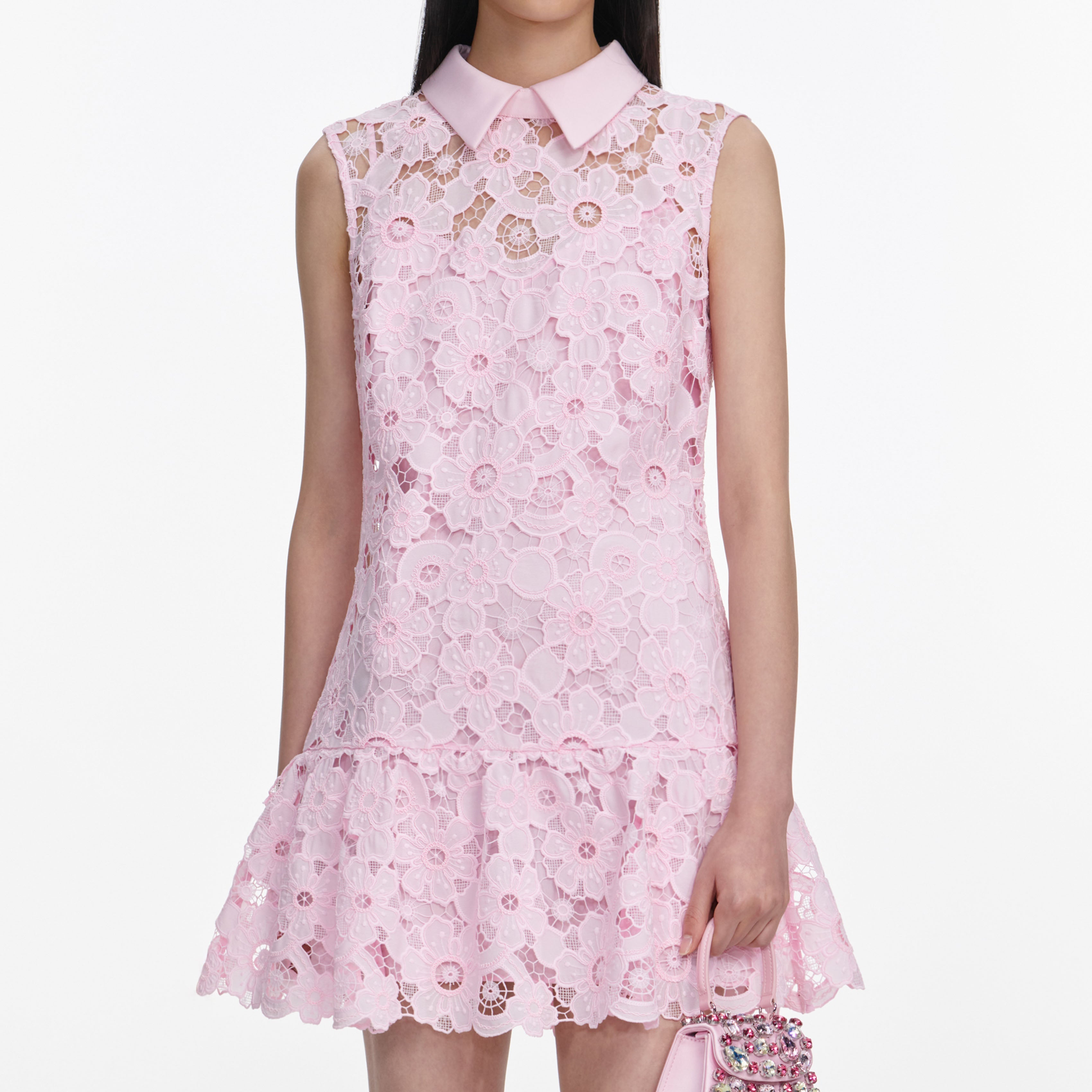 Pink Lace Collared Mini Dress