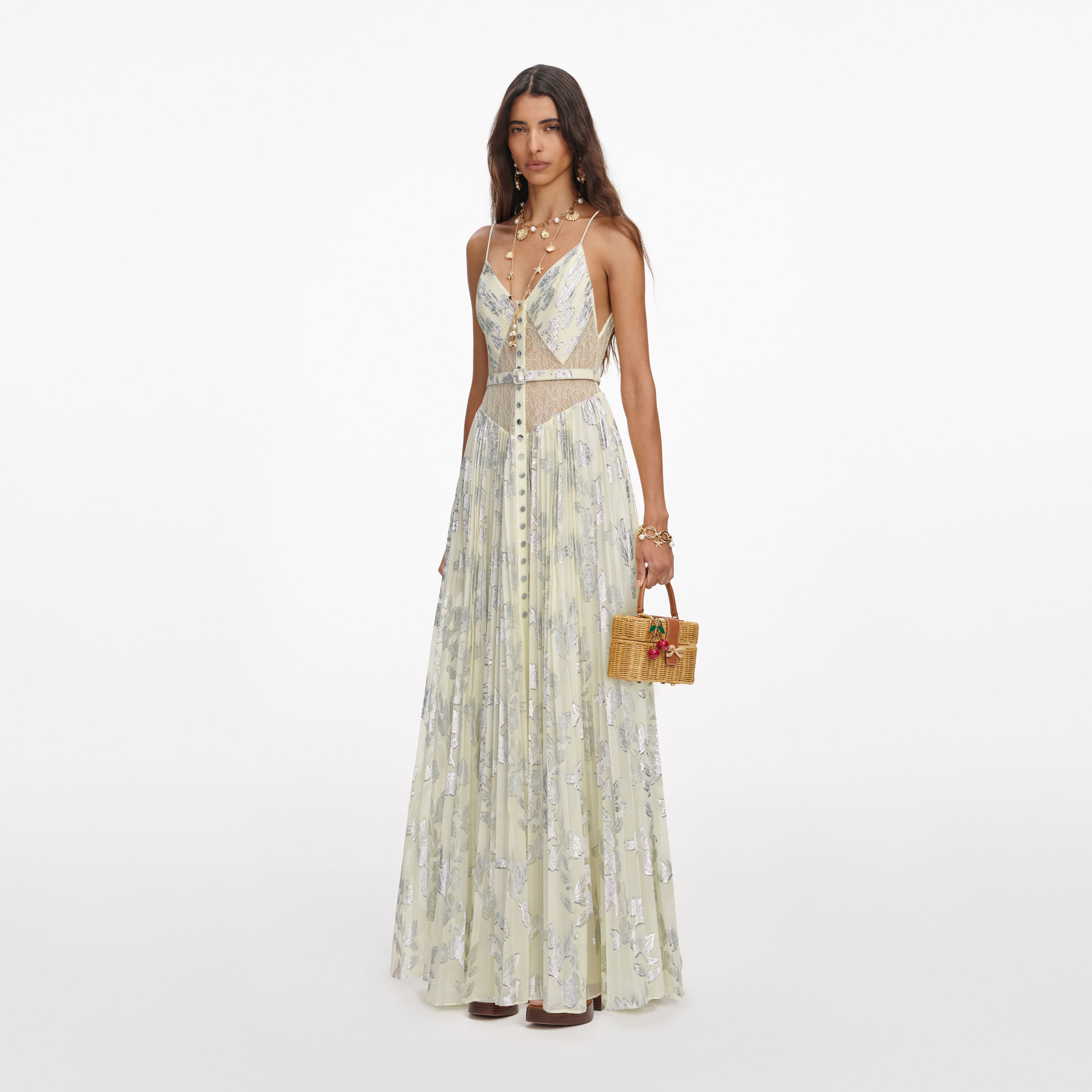 Yellow Metallic Chiffon Maxi Dress
