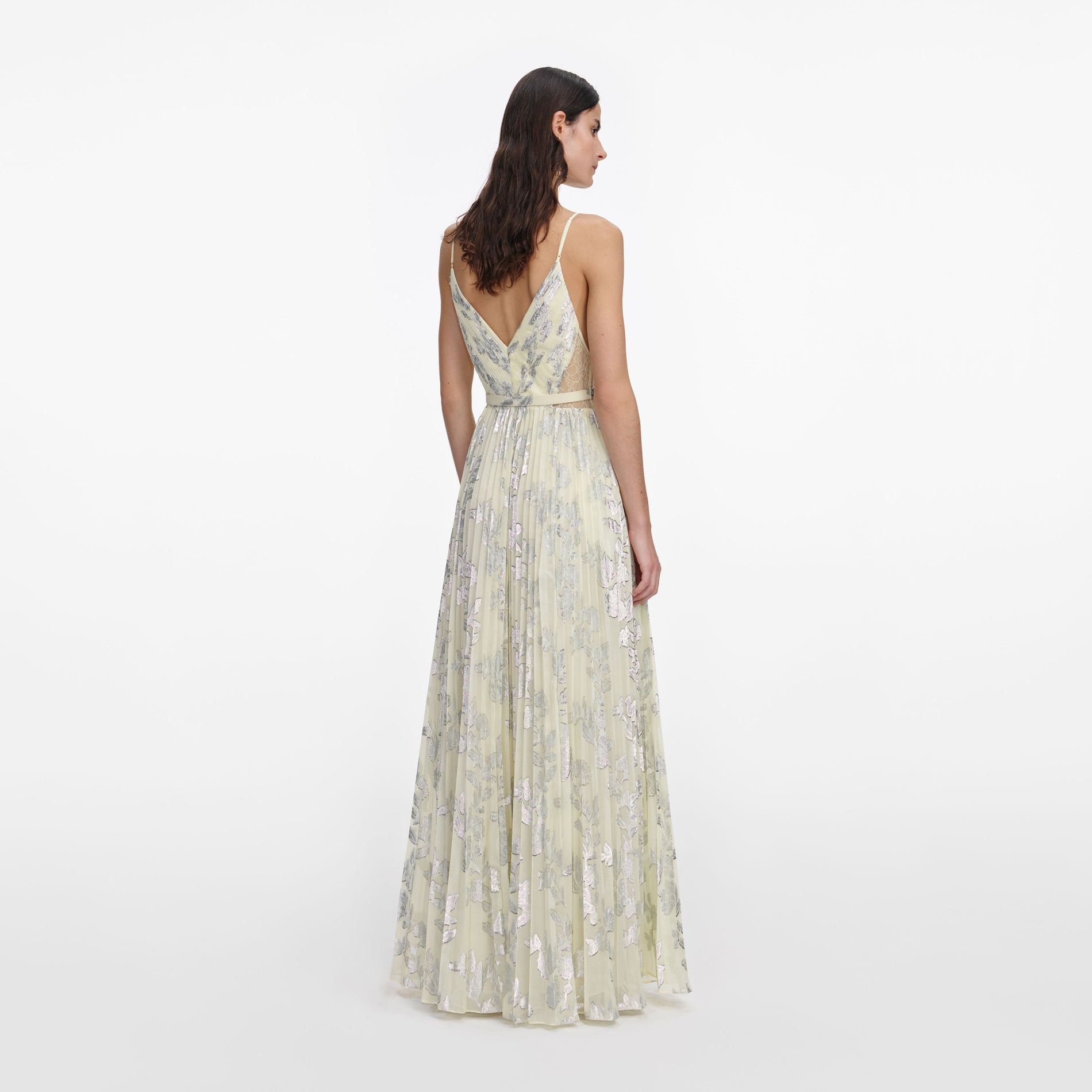 Back view of a woman wearing the Yellow Metallic Chiffon Maxi Dress