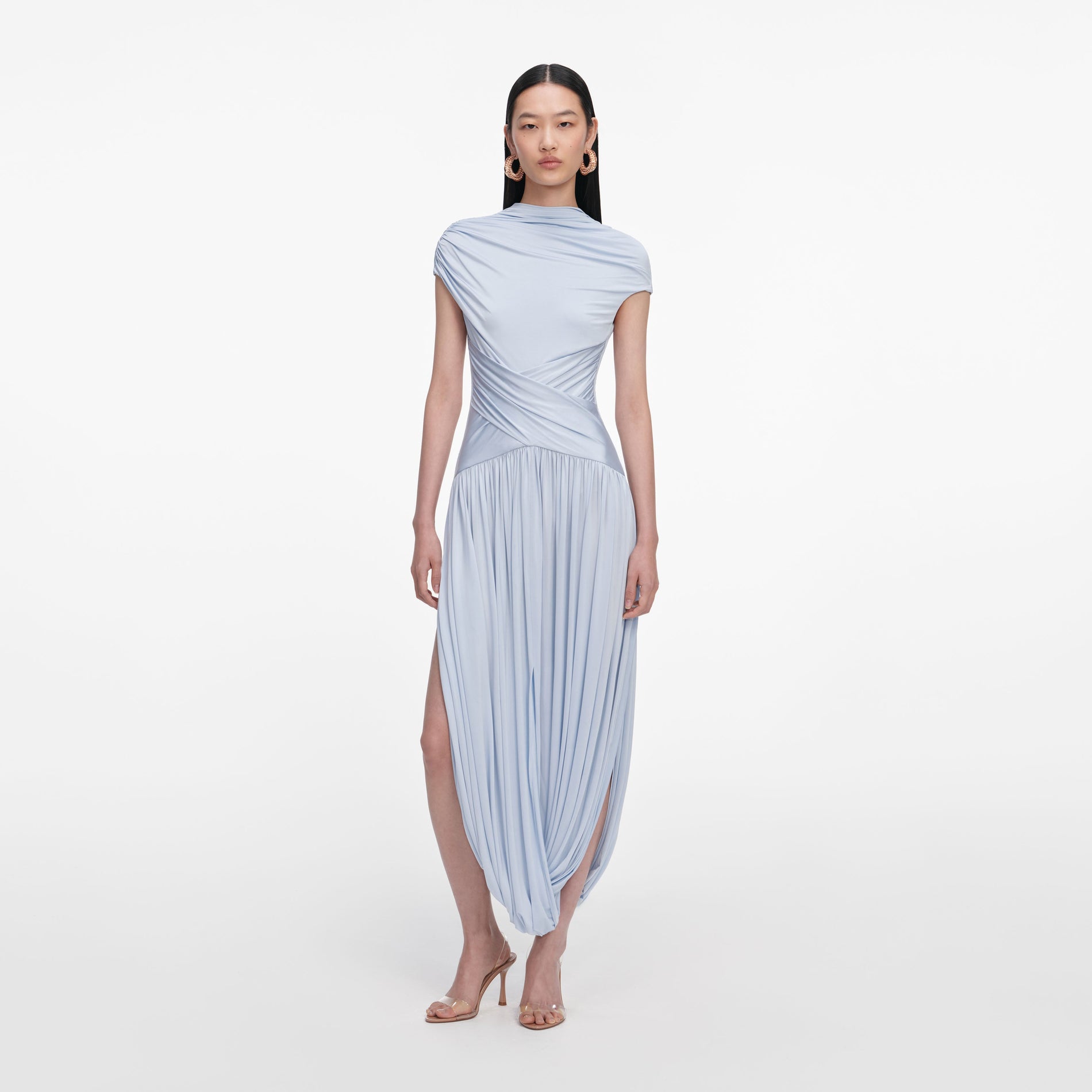 Front view of a woman wearing the Blue Jersey Gathered Midi Dress