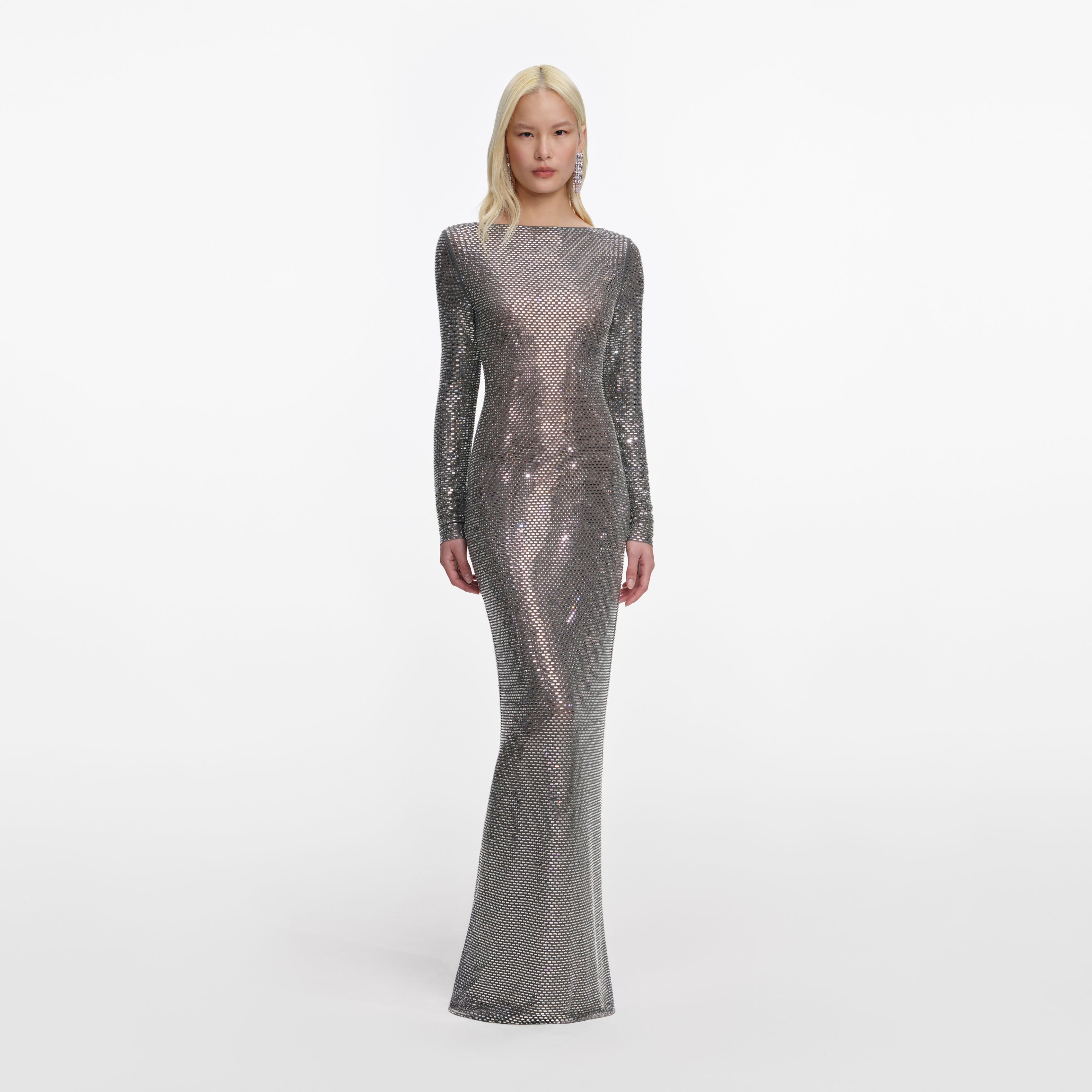 Grey Rhinestone Long Sleeve Maxi Dress