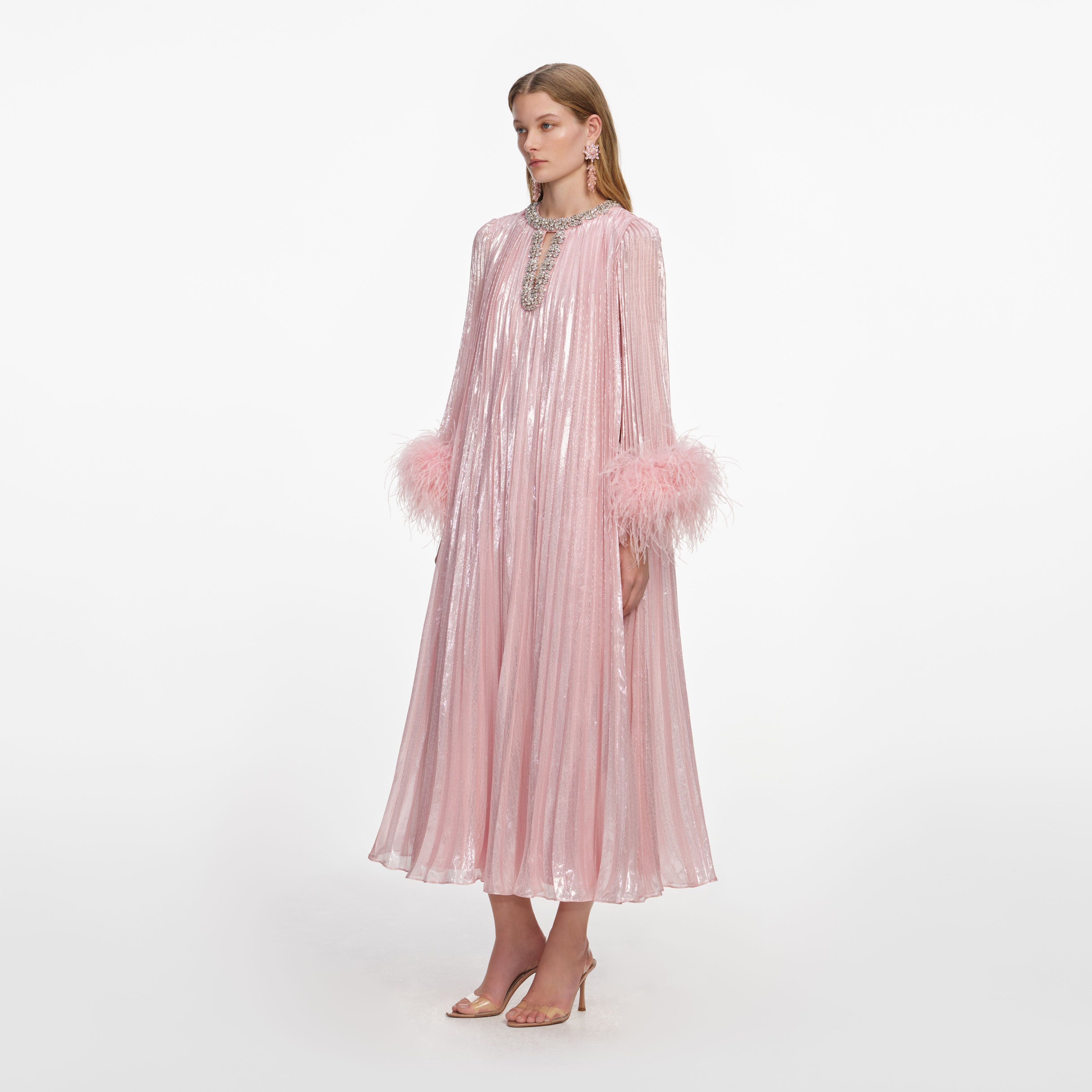 Pink Metallic Chiffon Feather Midi Dress