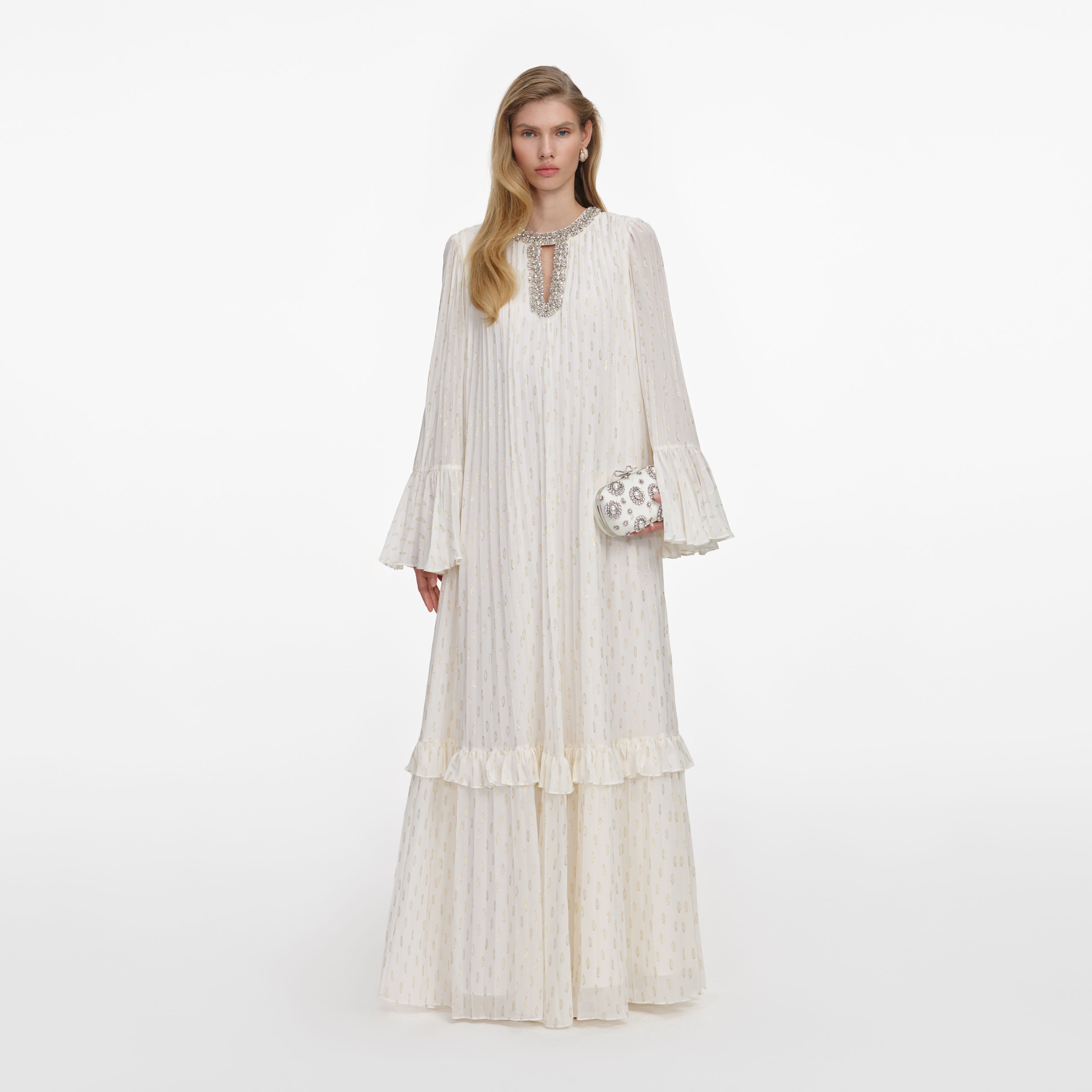 Cream And Gold Chiffon Maxi Dress