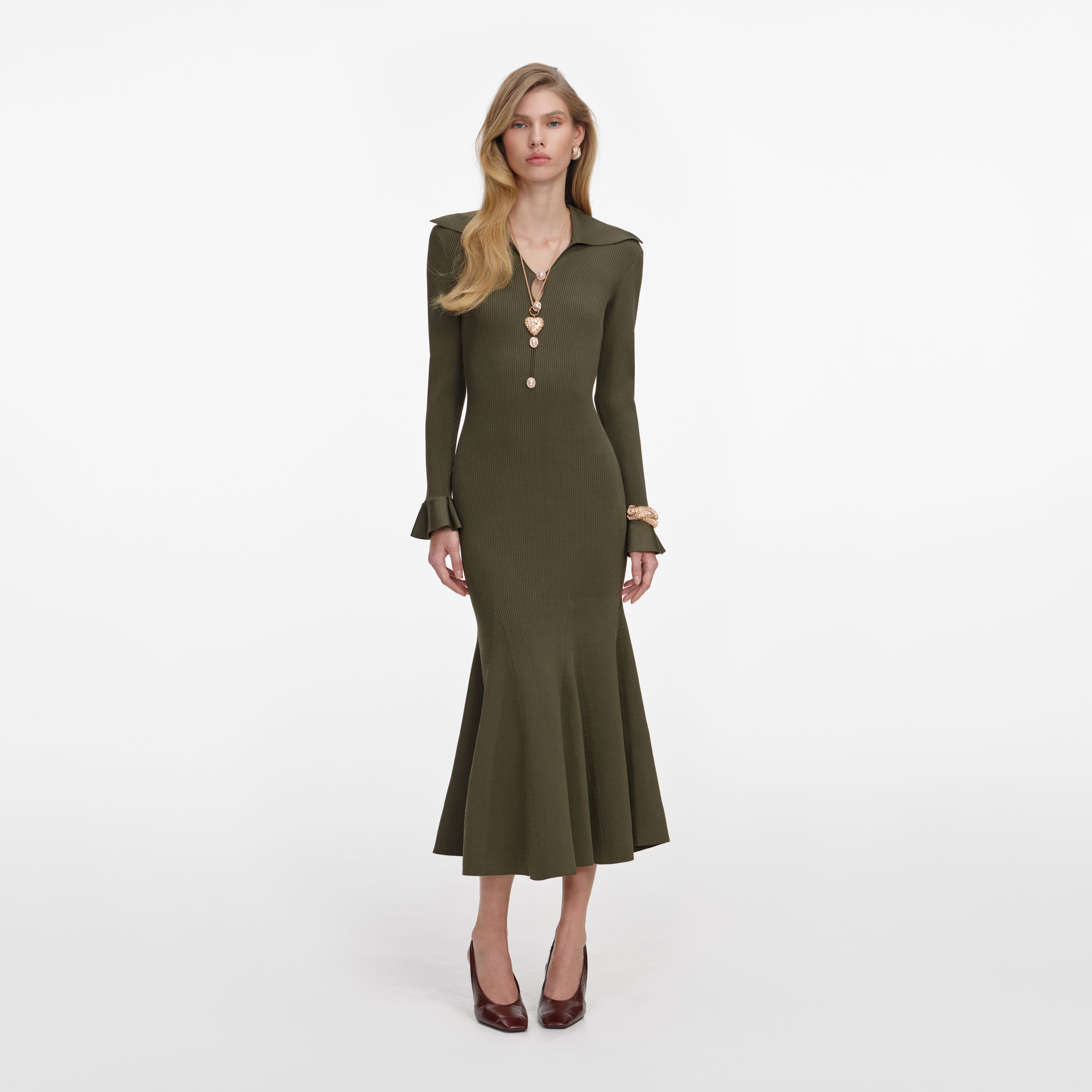 Khaki Pointelle Knit Midi Dress