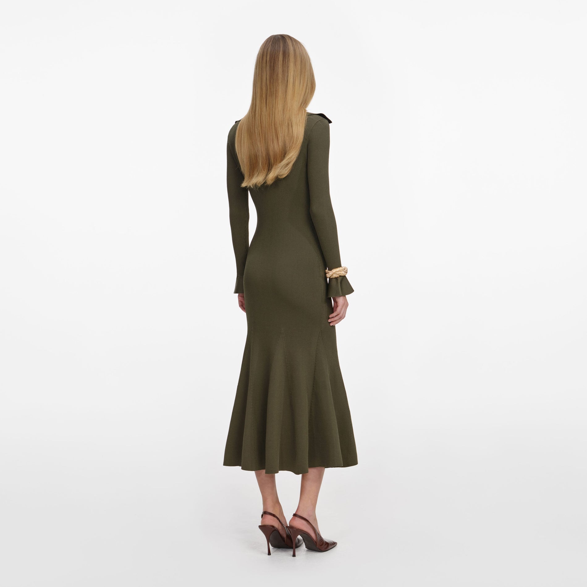 Back view of a woman wearing the Khaki Pointelle Knit Midi Dress
