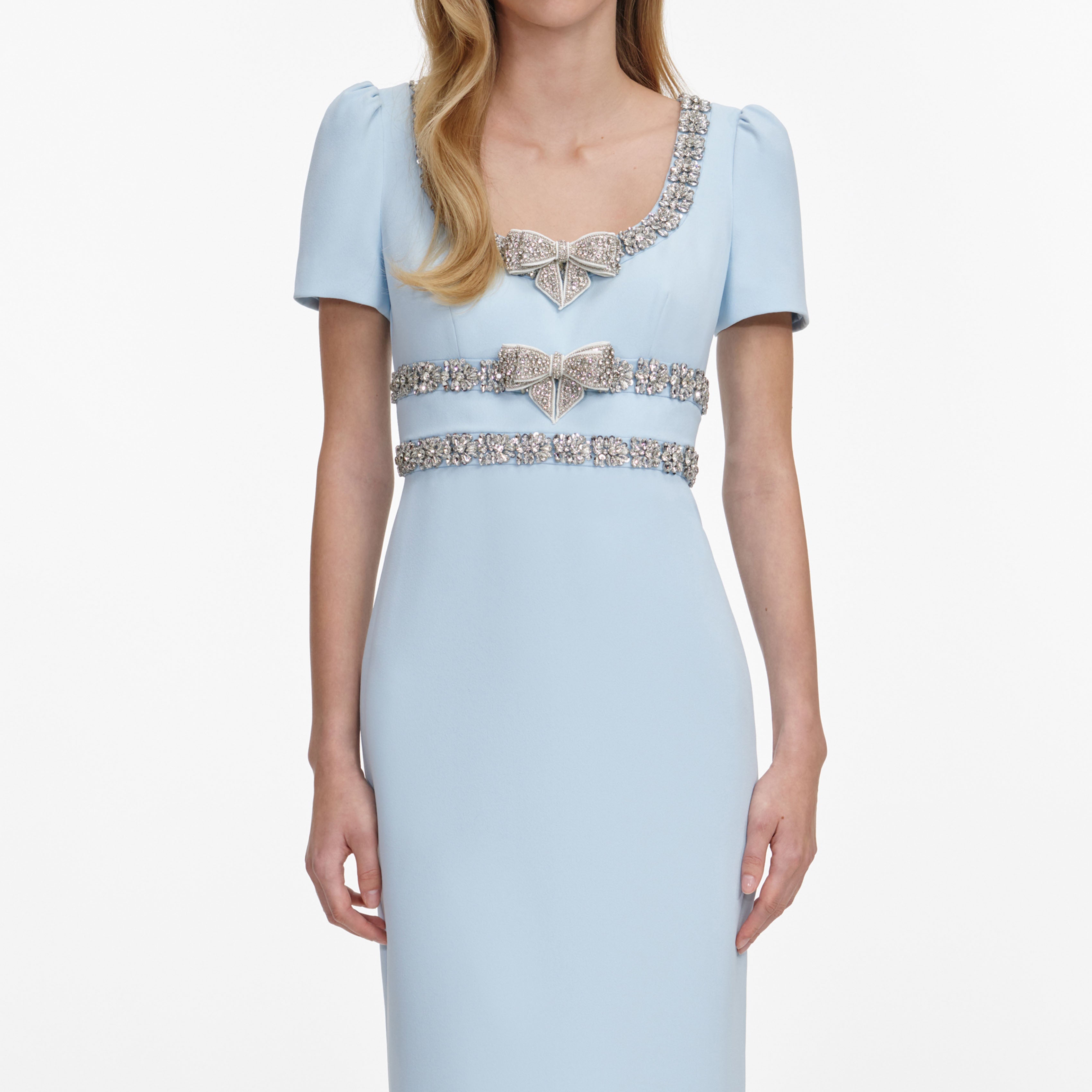 Blue Crepe Embellished Bow Maxi Dress