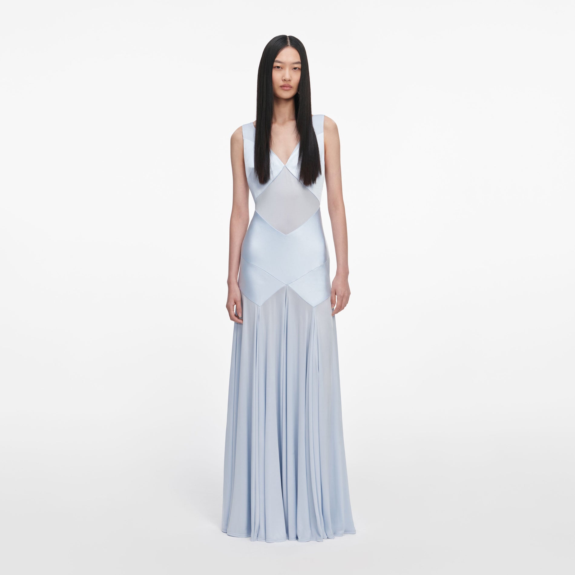 Front view of a woman wearing the Blue Satin Jersey Maxi Dress