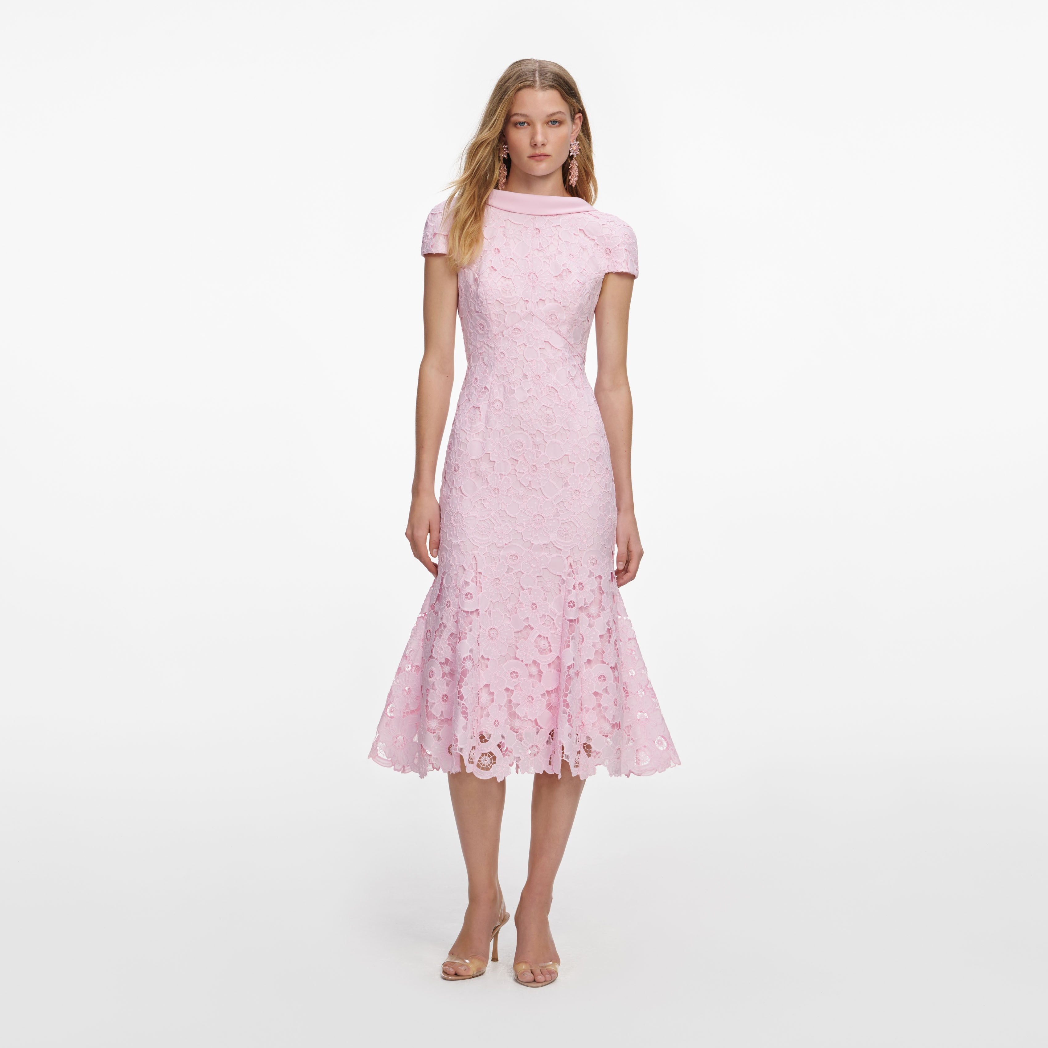 Pink Lace Scoop Back Midi Dress