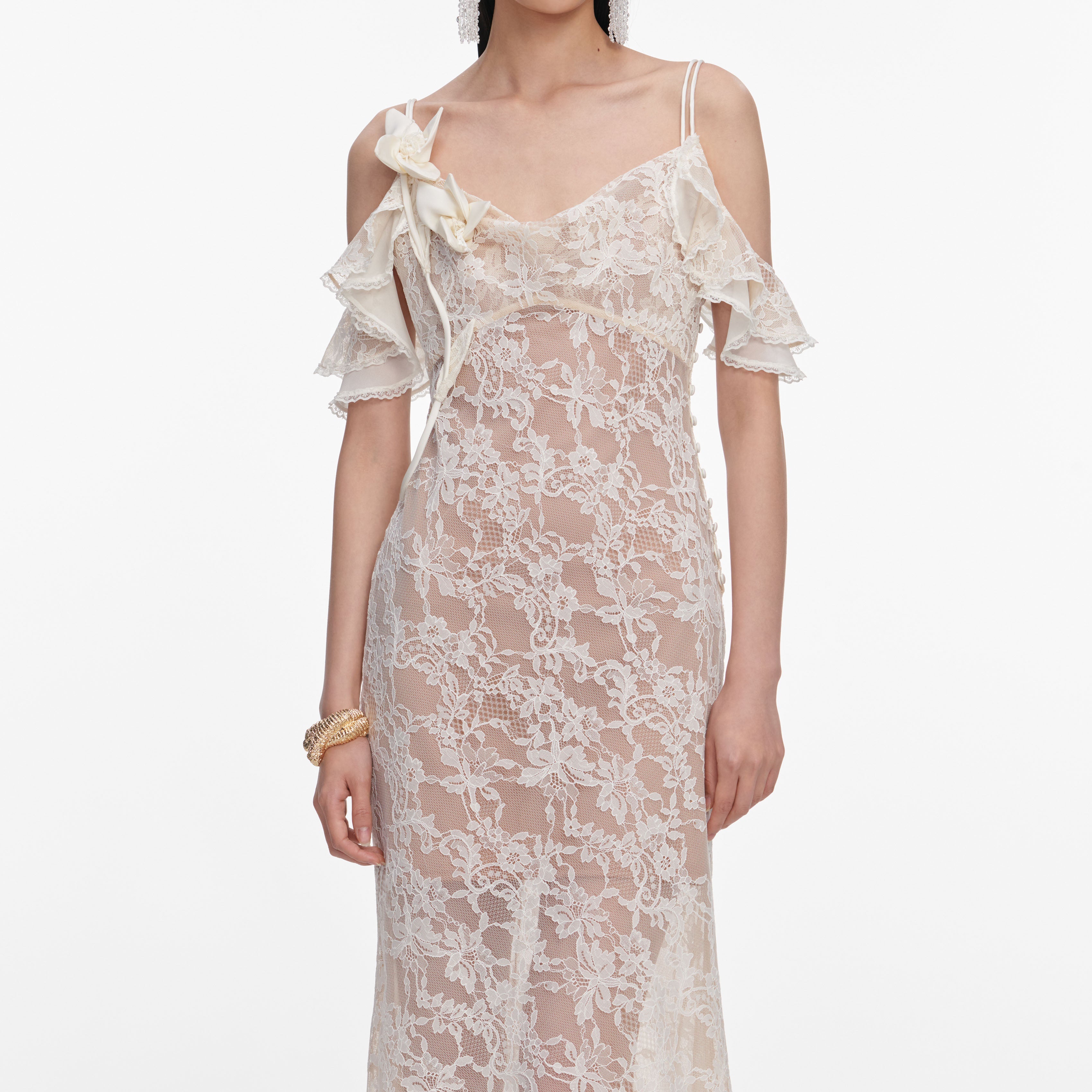 Cream Lace Flower Maxi Dress