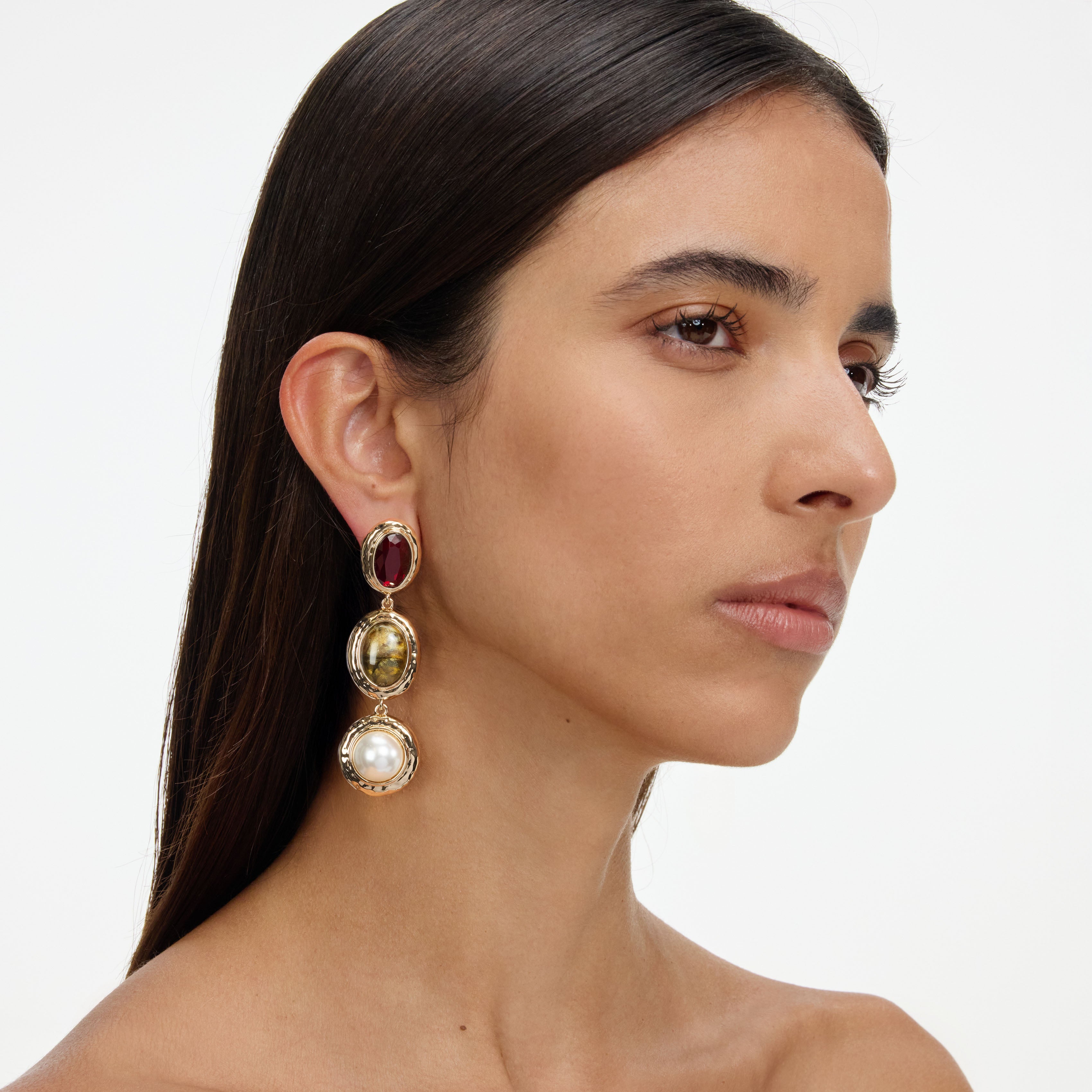 Gold Multi Three Tiered Earrings