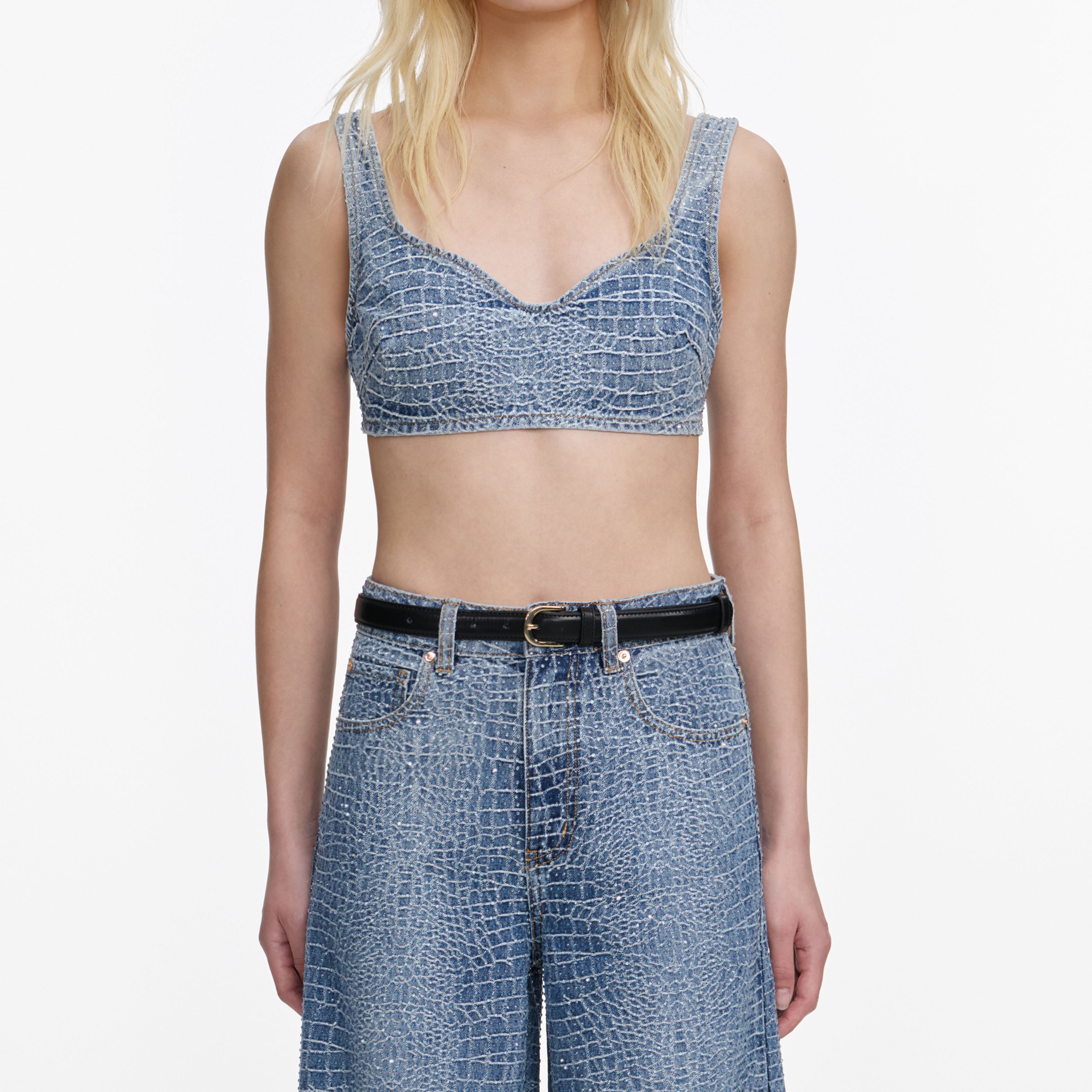 Rhinestone Croc Effect Denim Bralette