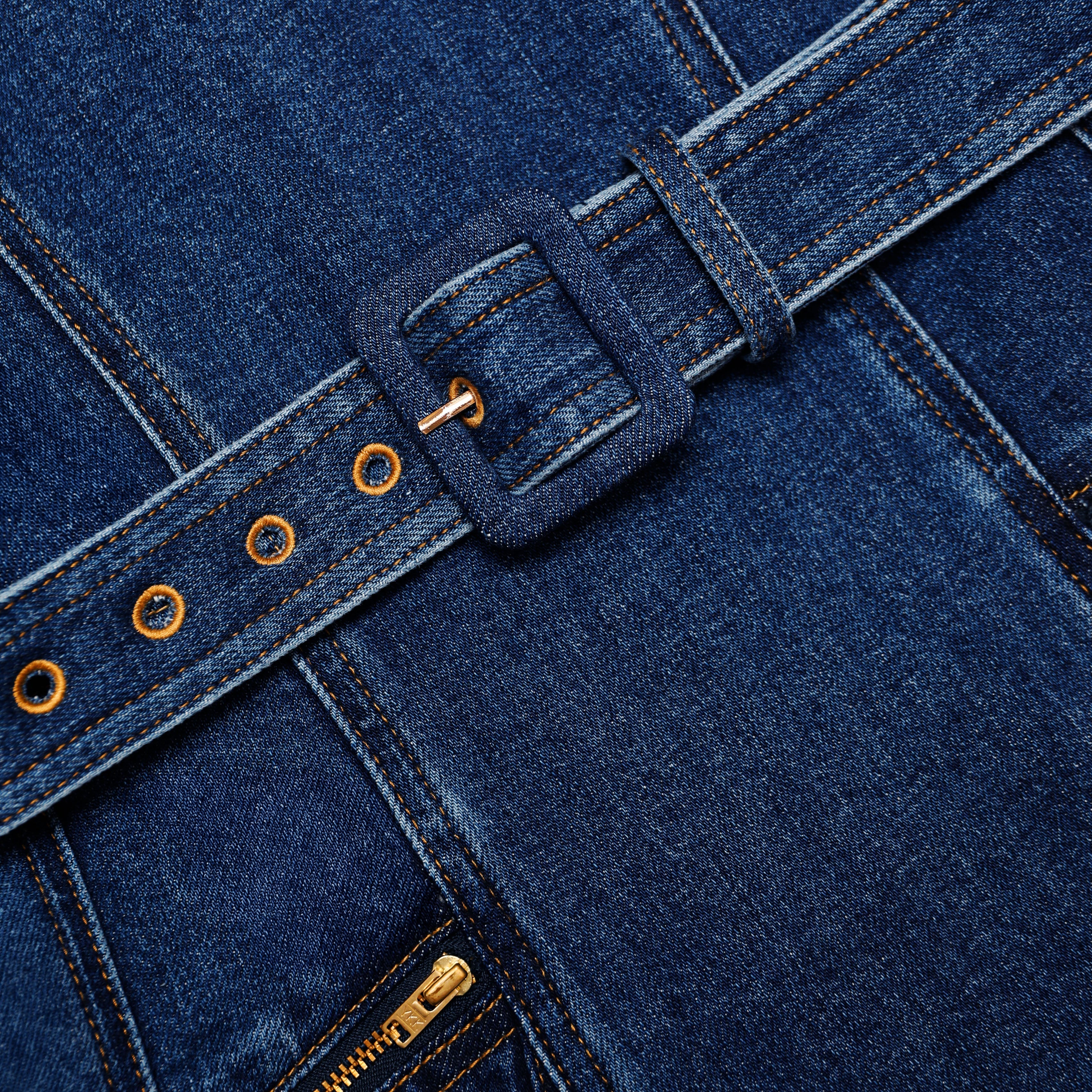 Denim Flared Belted Midi Dress