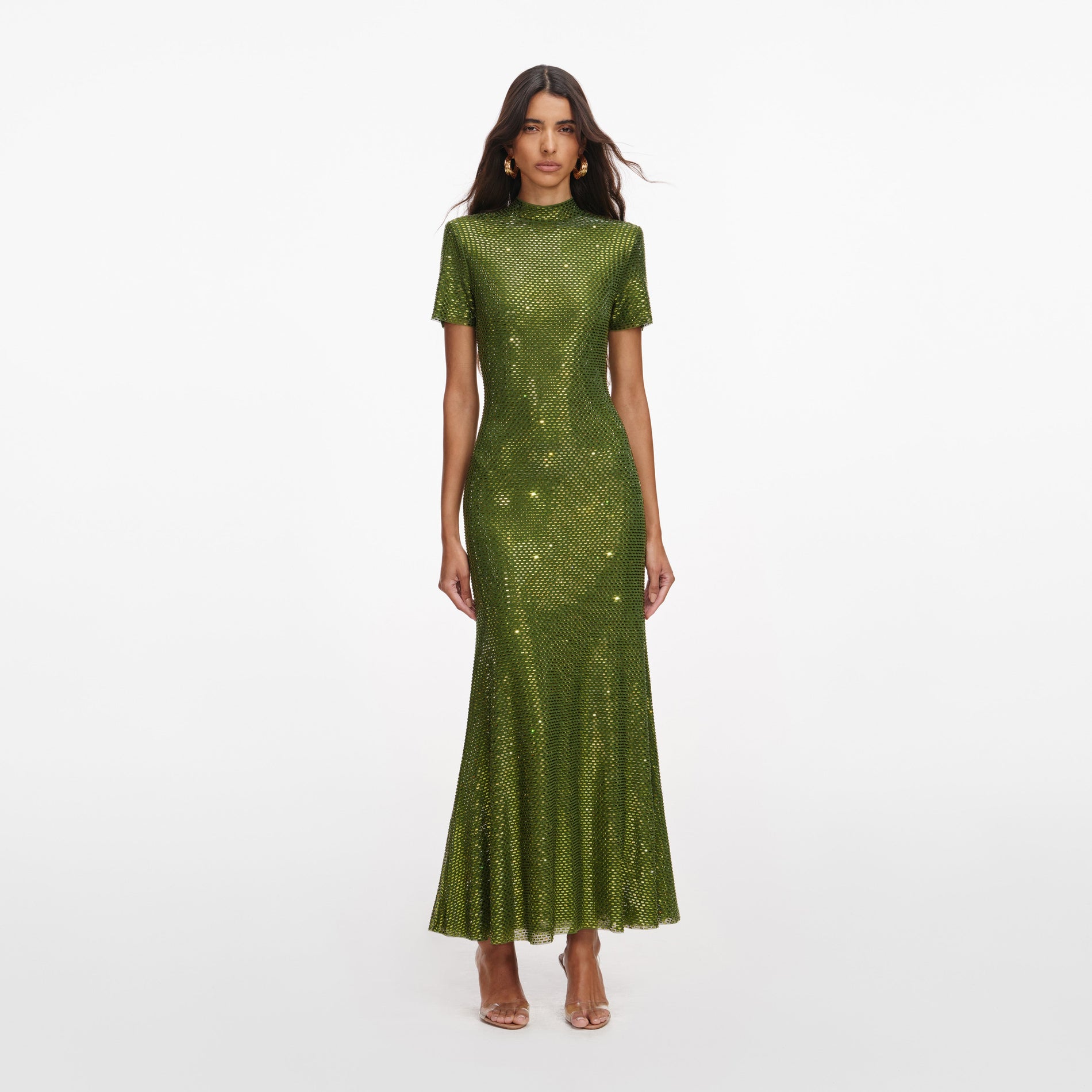 Front view of a woman wearing the Olive Rhinestone Mesh Midi Dress