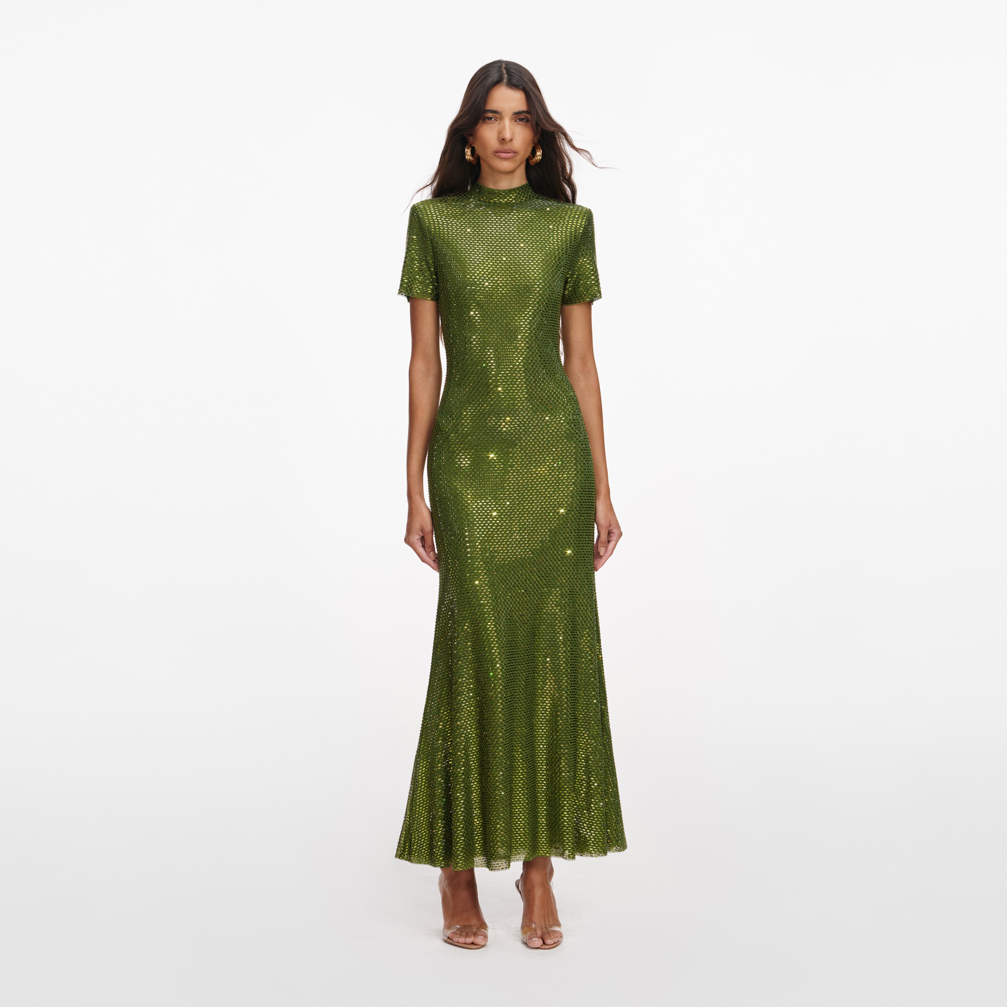 Olive Rhinestone Mesh Midi Dress