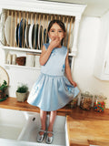 Blue Satin Sequin Flower Top
