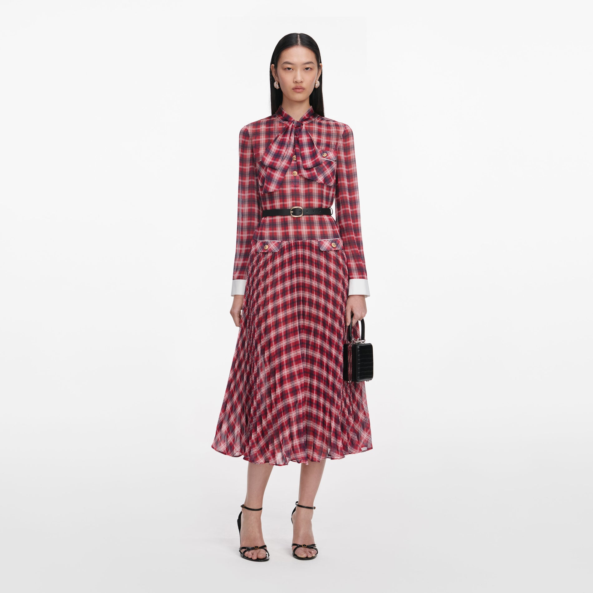Burgundy Check Chiffon Midi Dress