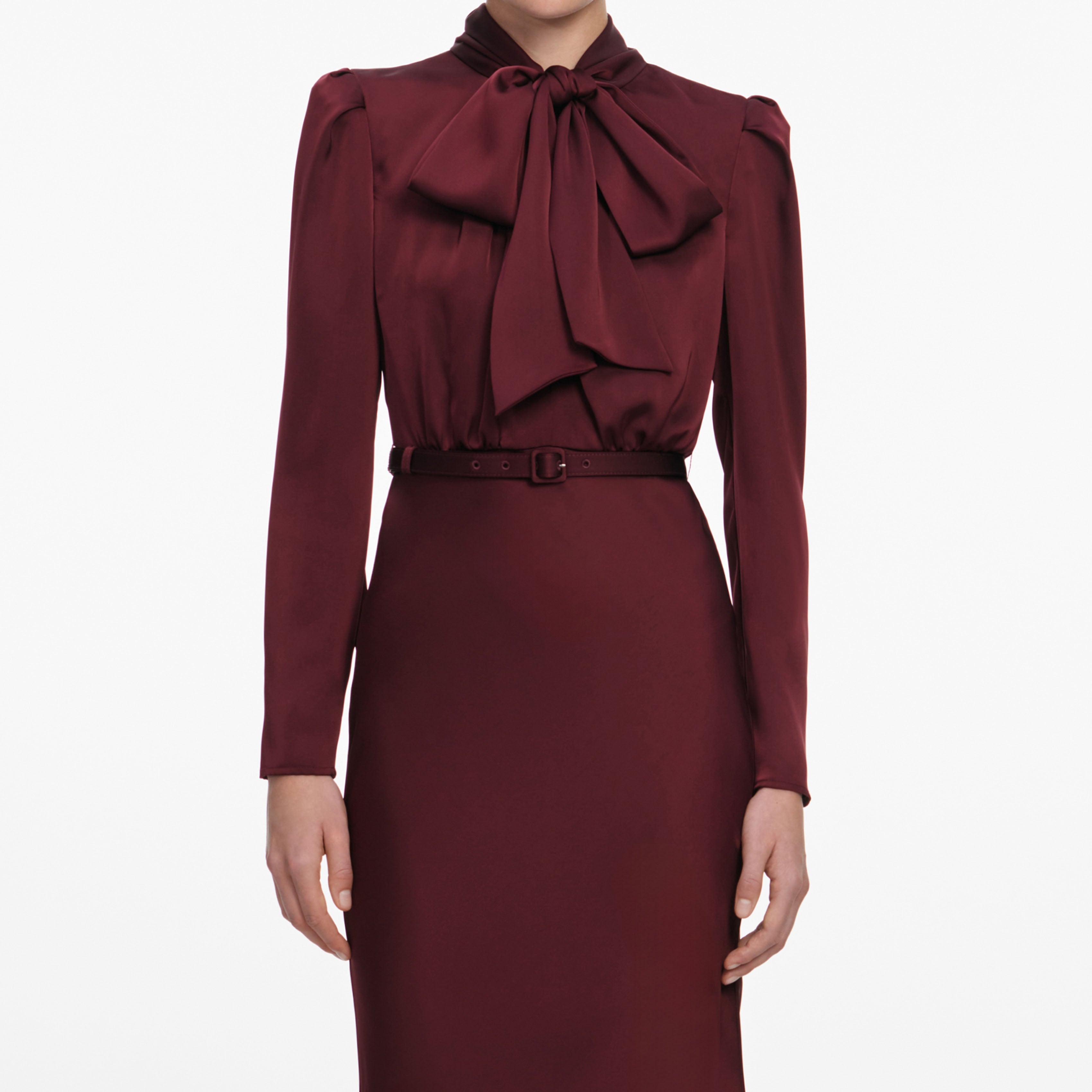 Burgundy Tie Neck Satin Maxi Dress