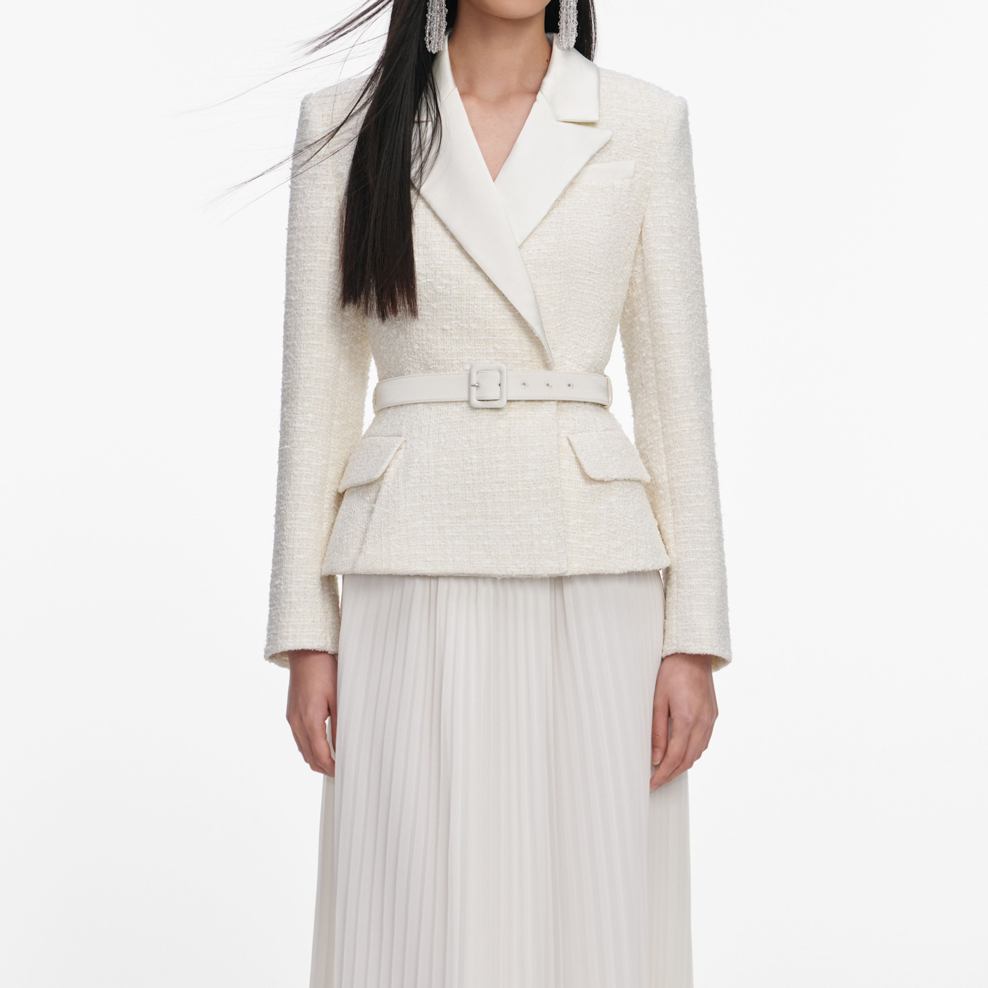 Cream Tailored Boucle Chiffon Maxi Dress