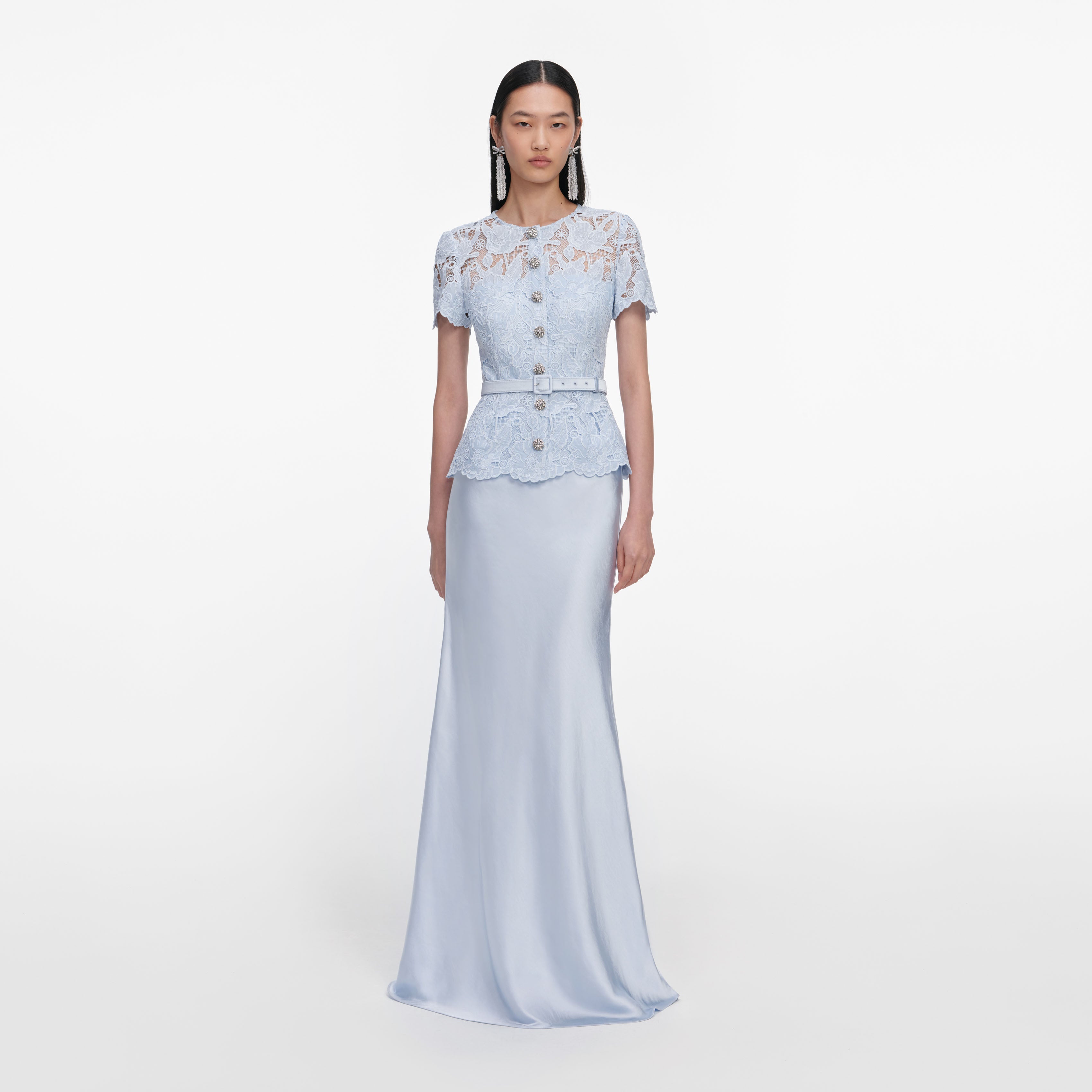 Blue Lace Satin Maxi Dress