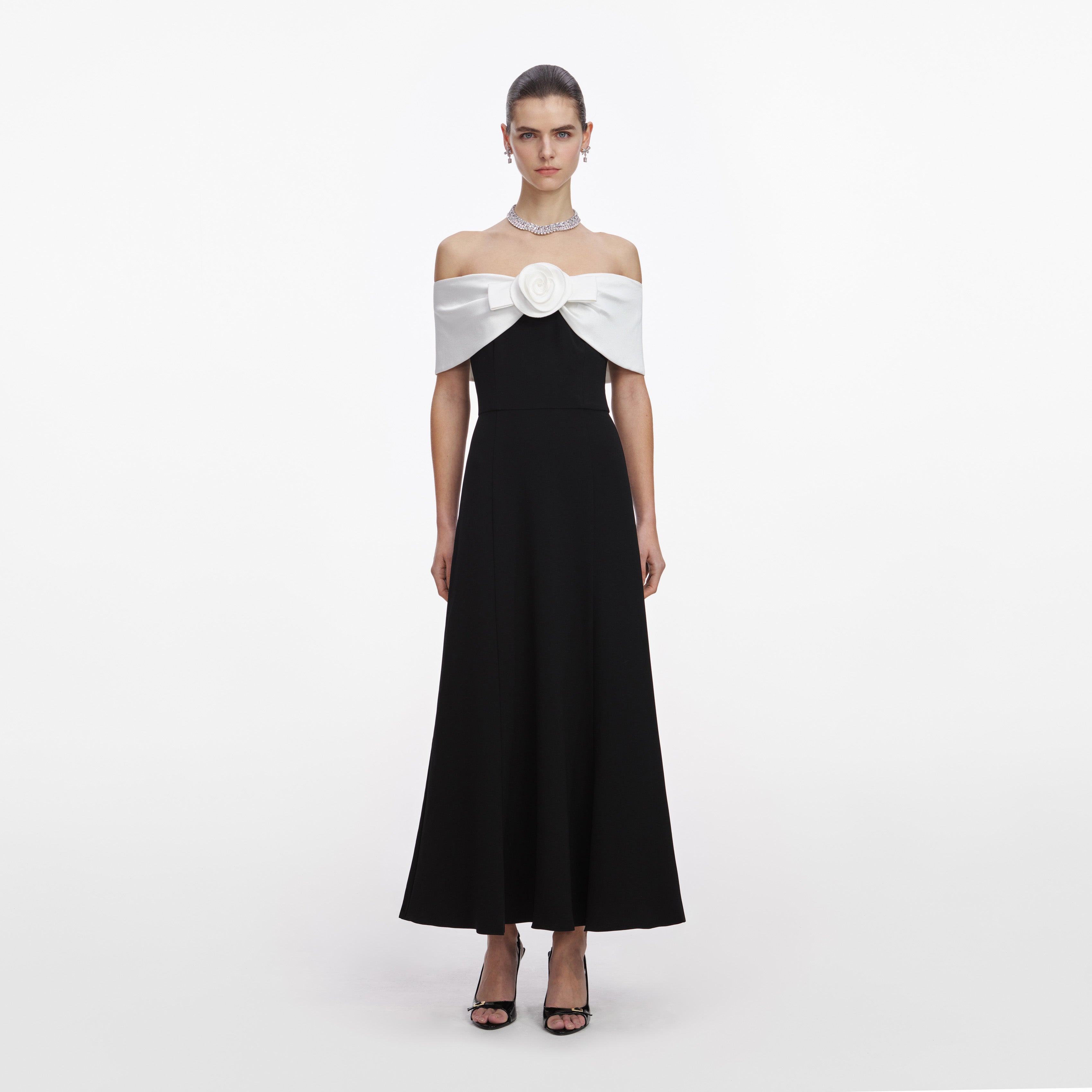 Black Crepe Flower Midi Dress