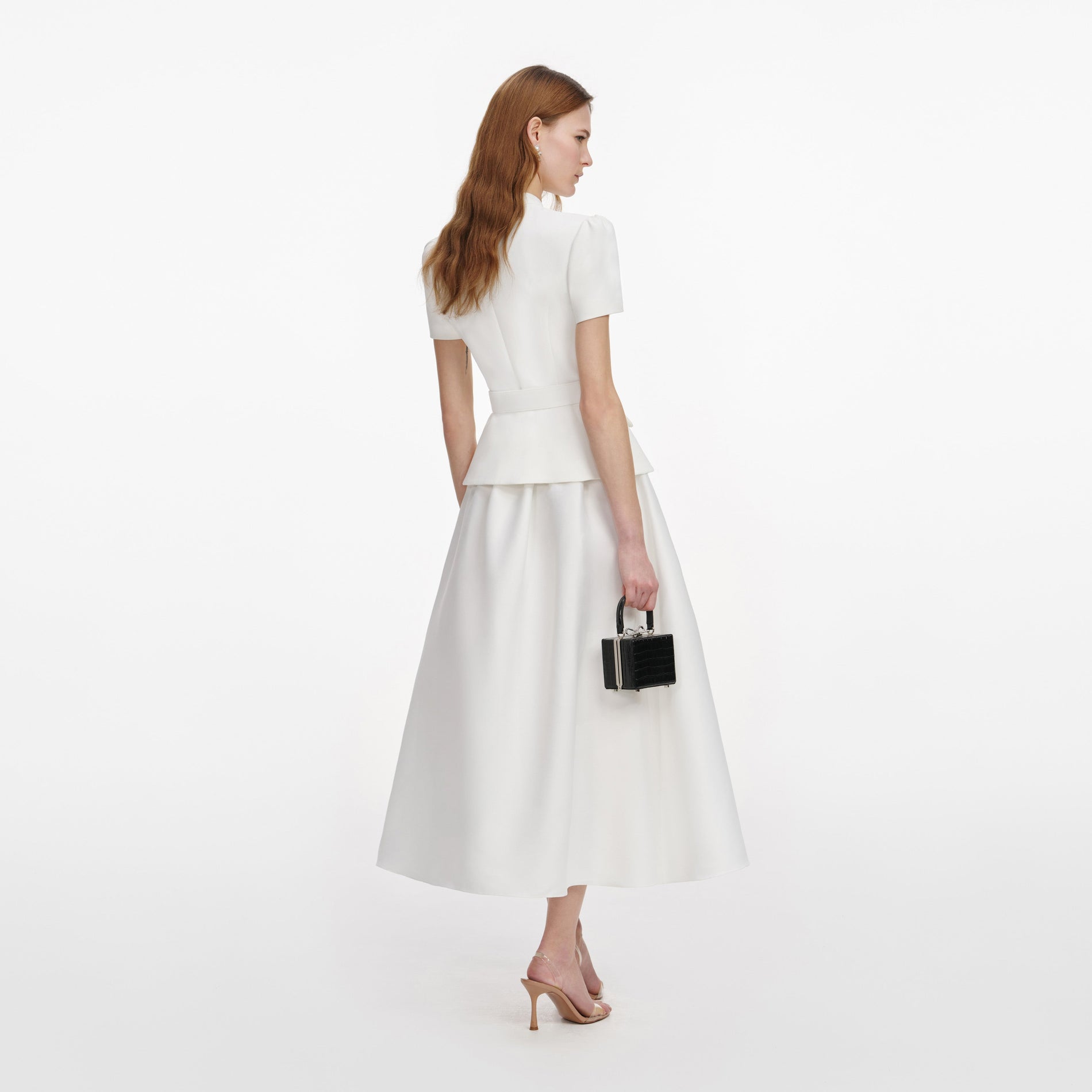 Back view of a woman wearing the White Tailored Taffeta Midi Dress