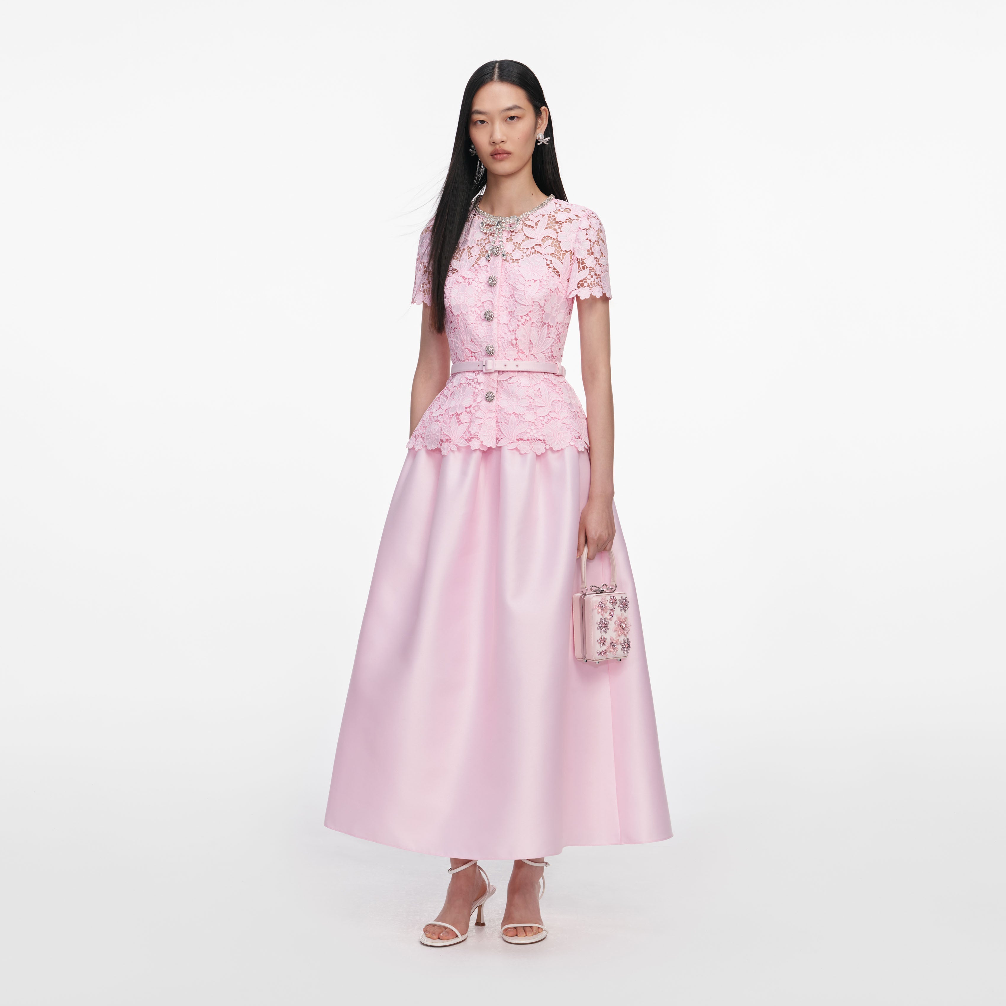 Pink Lace Taffeta Midi Dress