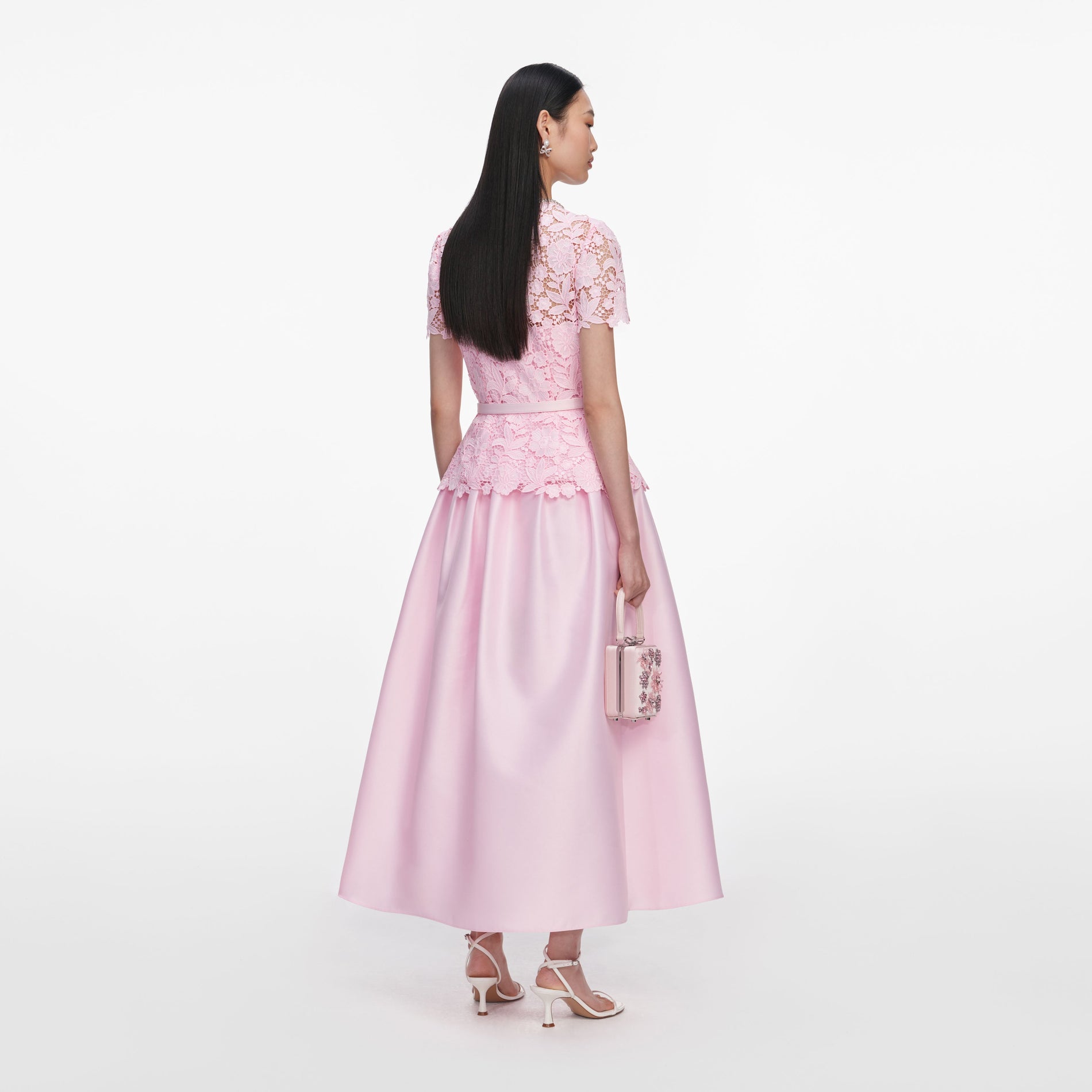 Back view of a woman wearing the Pink Lace Taffeta Midi Dress