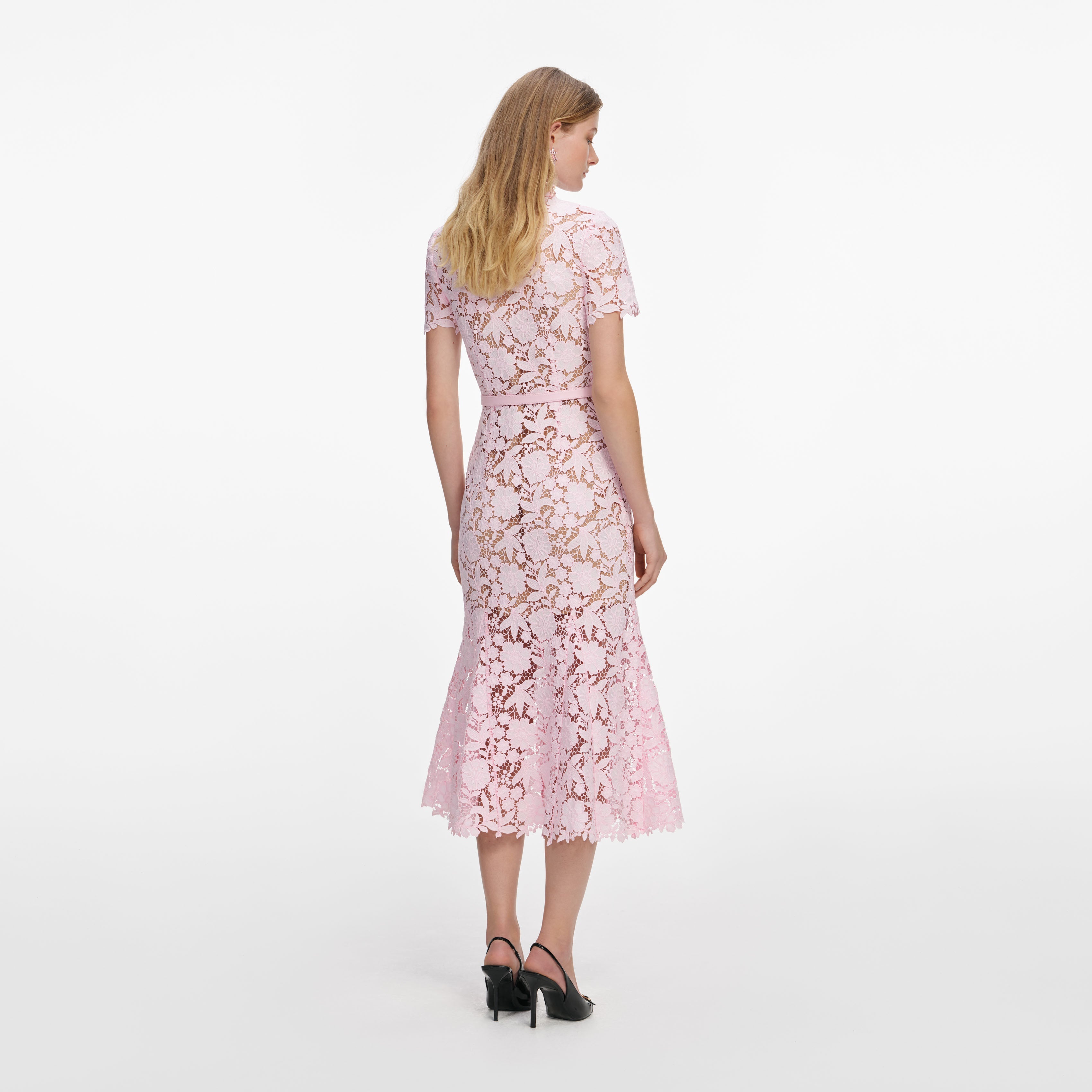 Pink Lace Collared Midi Dress