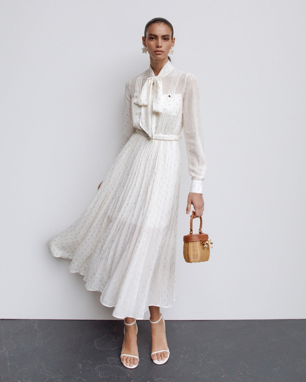 Cream And Gold Tie Neck Midi Dress