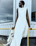 Cream Satin Fringed Maxi Dress