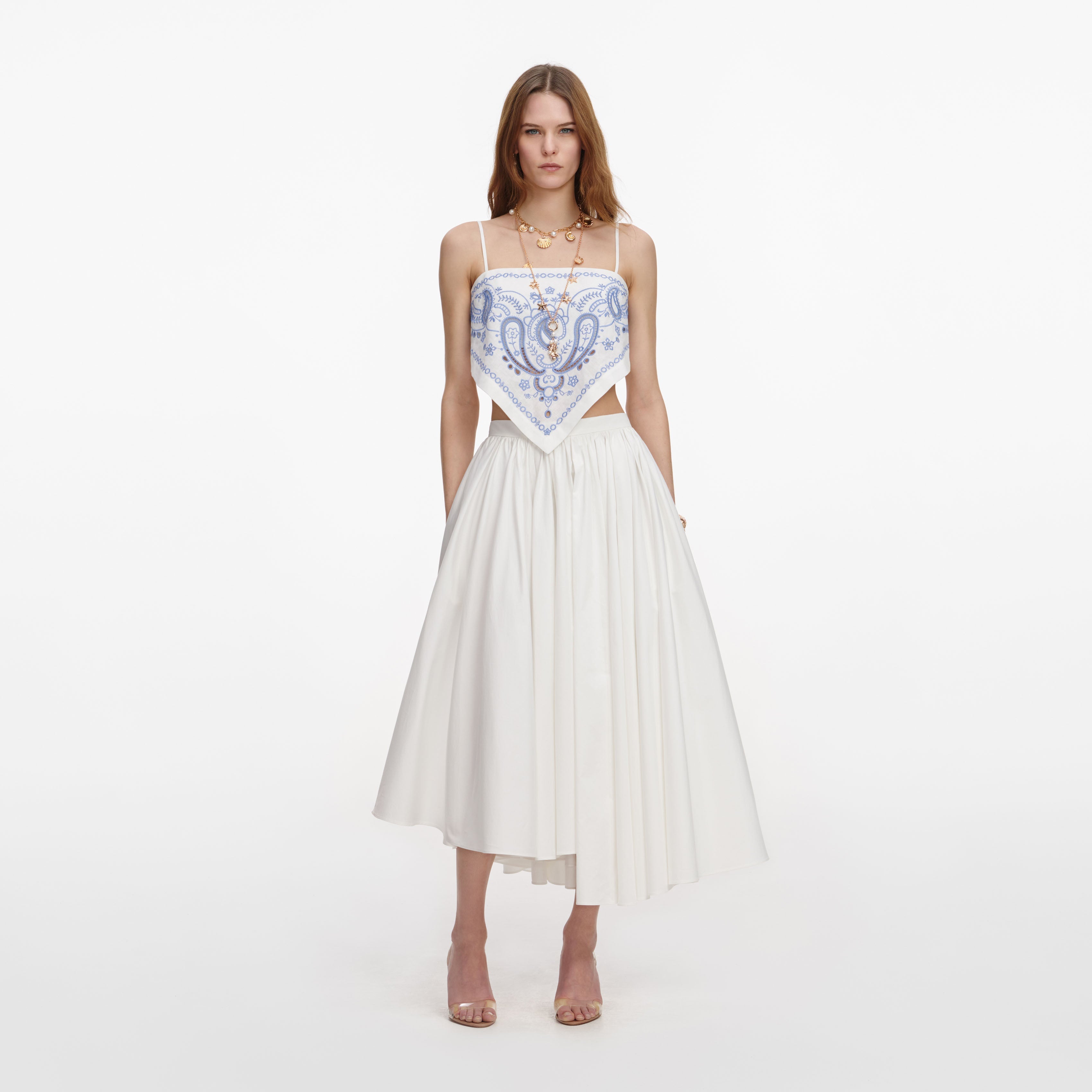 White And Blue Embroidered Linen Top