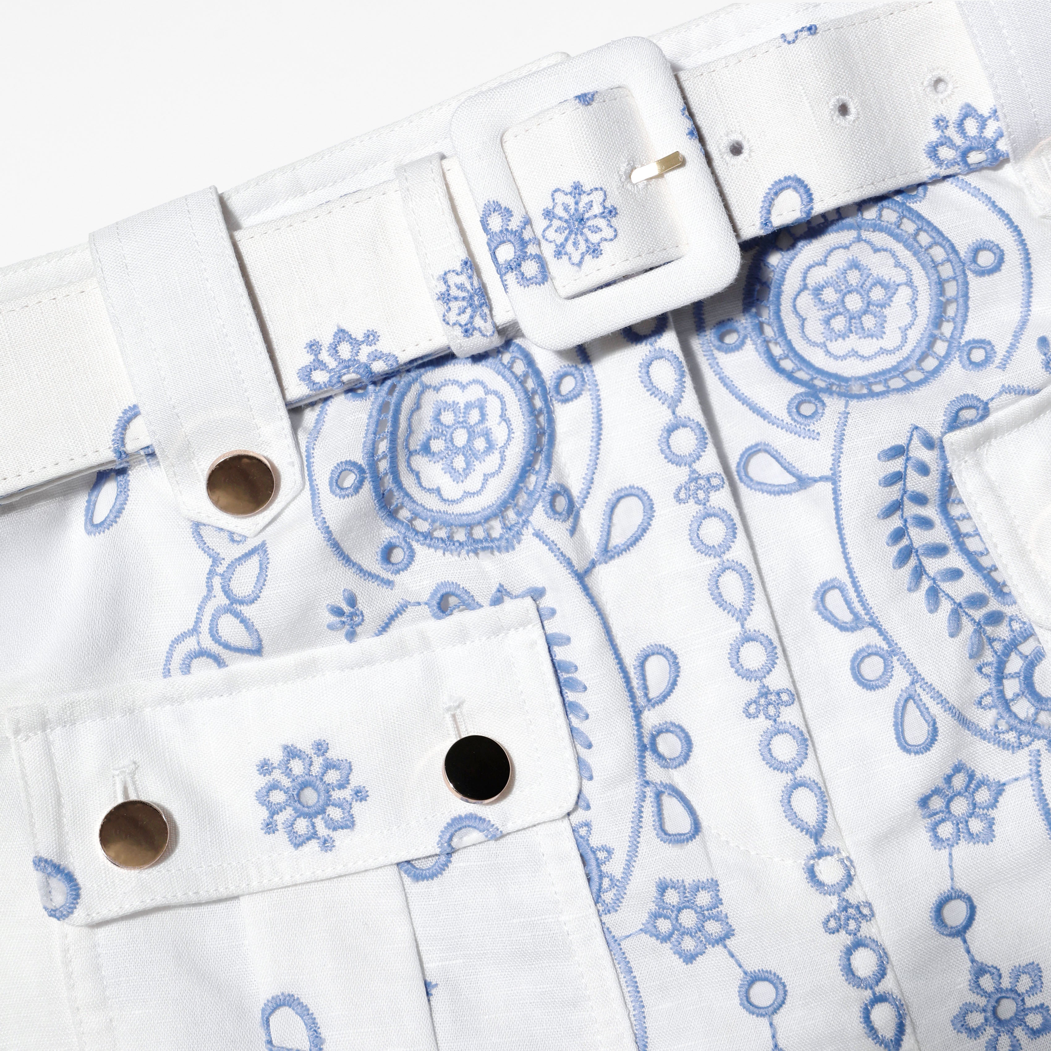 White And Blue Embroidered Mini Skirt