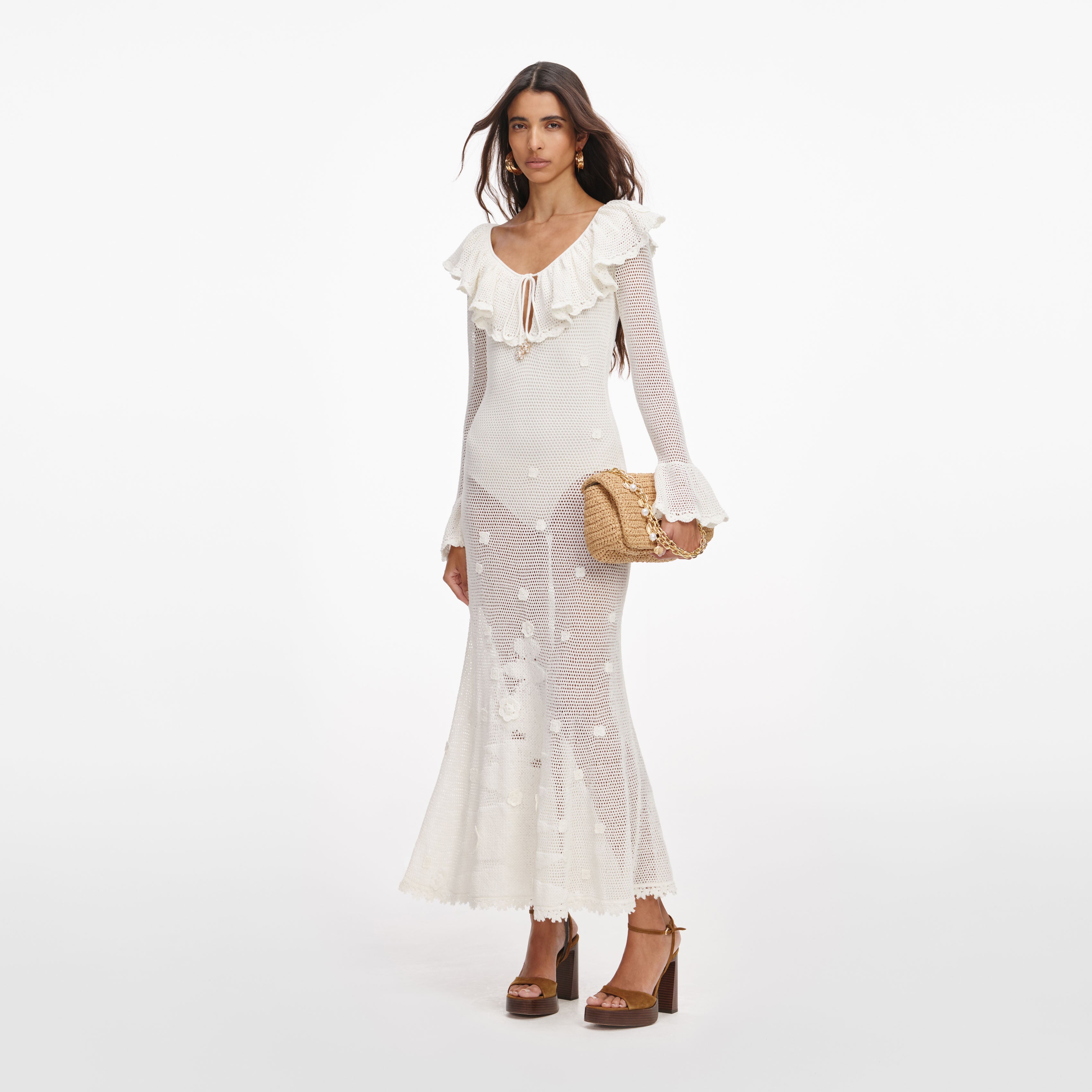 White Floral Crochet Midi Dress