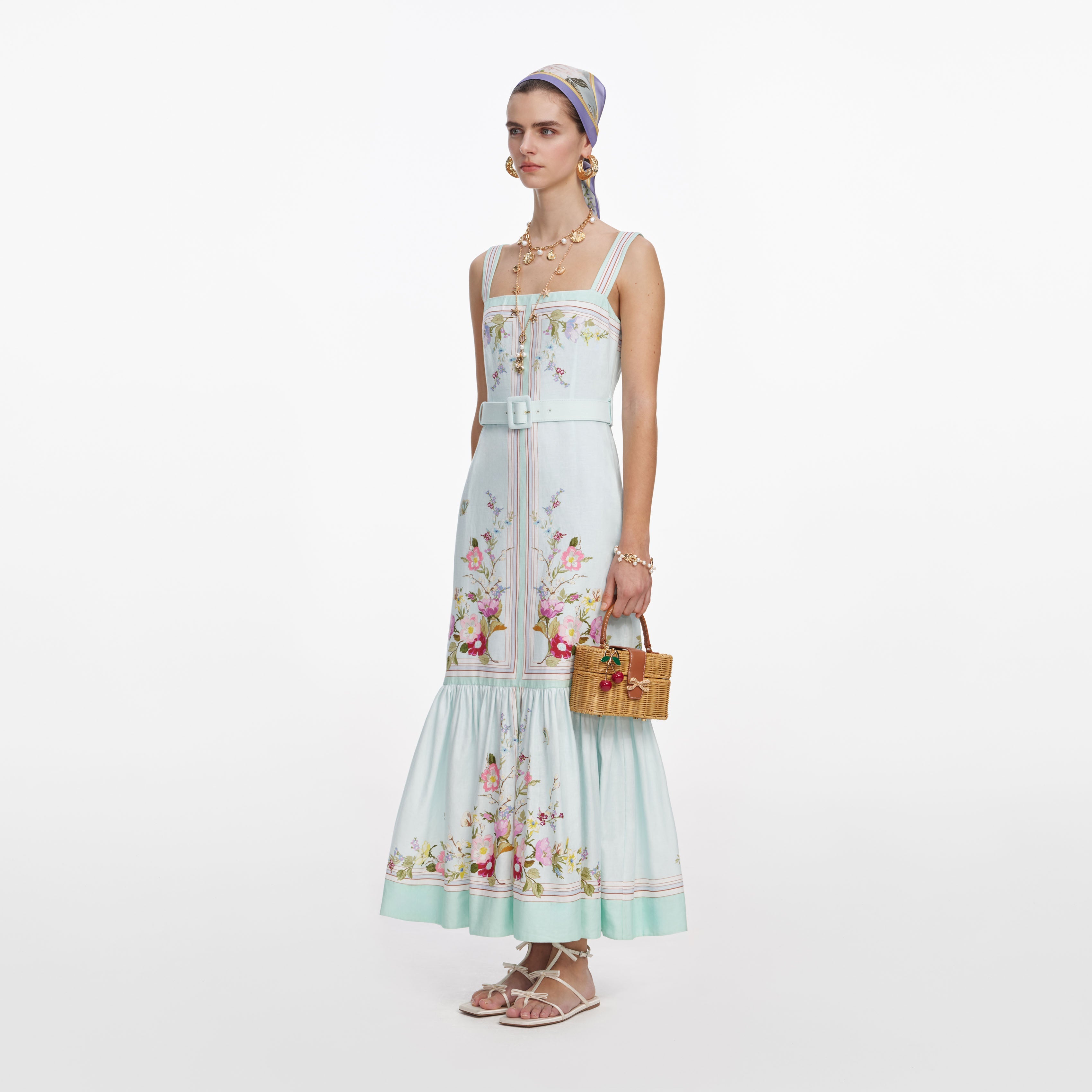 Mint Floral Linen Midi Dress
