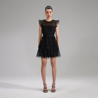 Black Grid Sequin Tiered Mini Dress