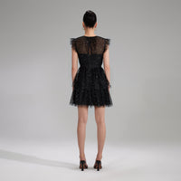 Black Grid Sequin Tiered Mini Dress