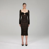 Black Power Mesh Long Sleeve Midi Dress