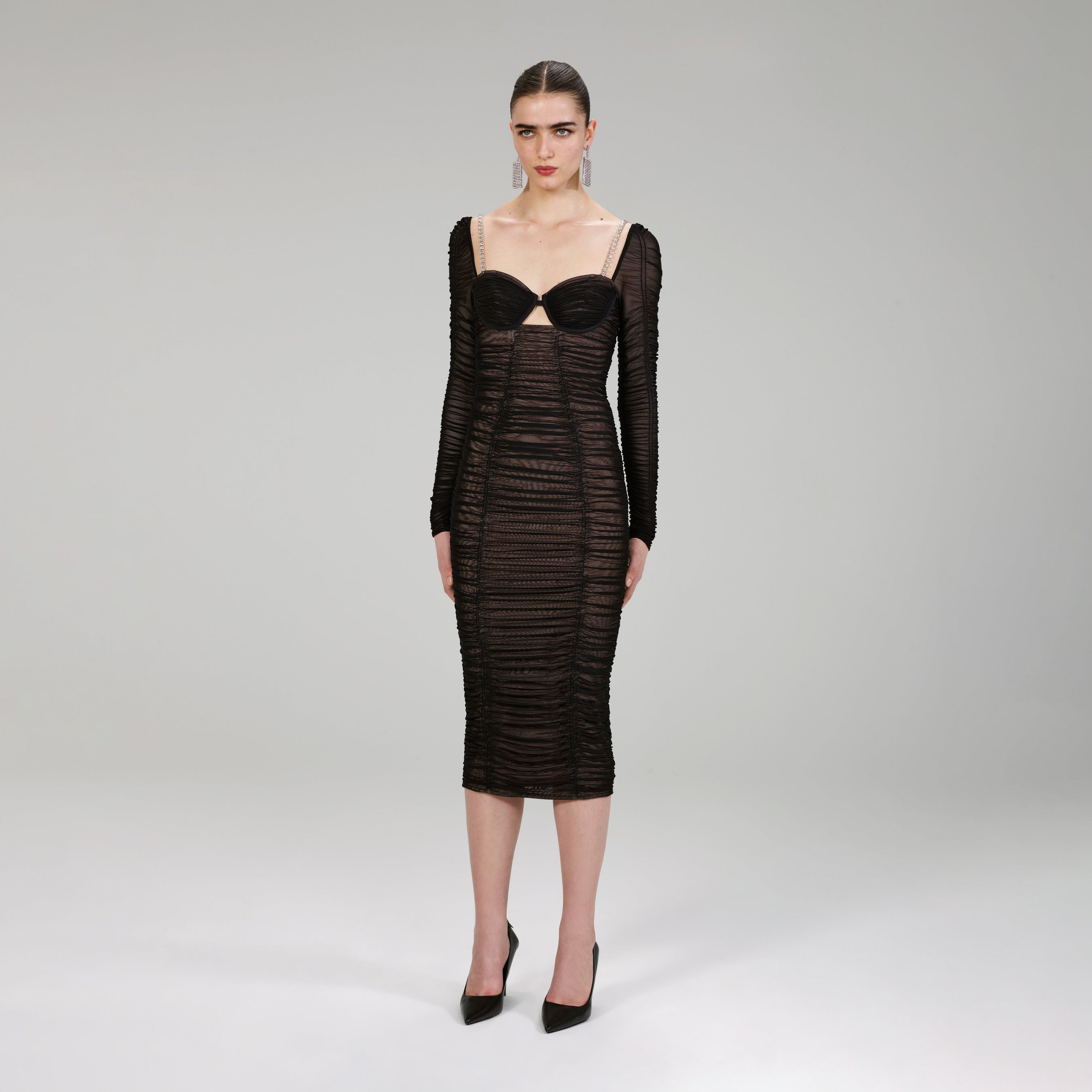 Black Power Mesh Long Sleeve Midi Dress