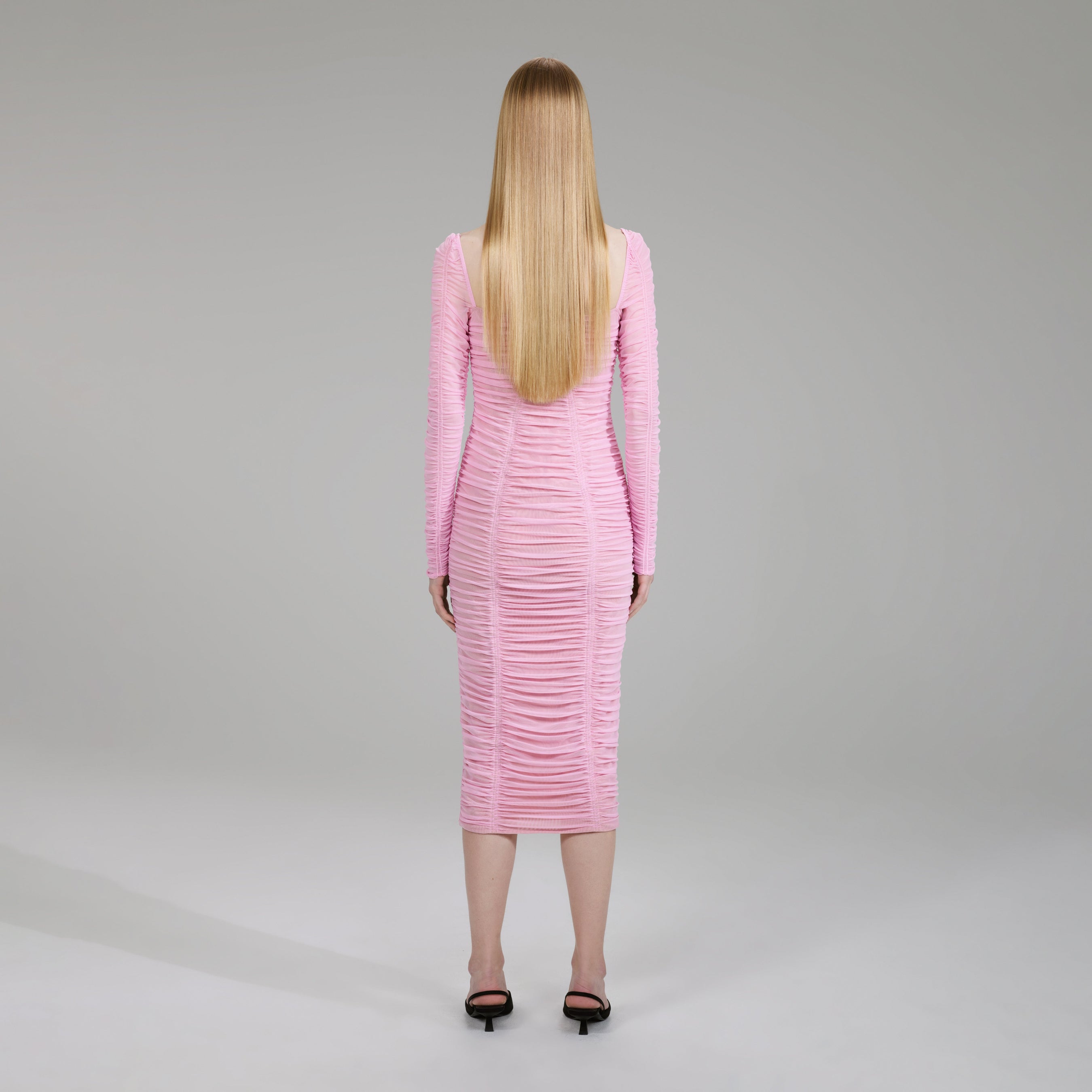 Pink Power Mesh Long Sleeve Midi Dress