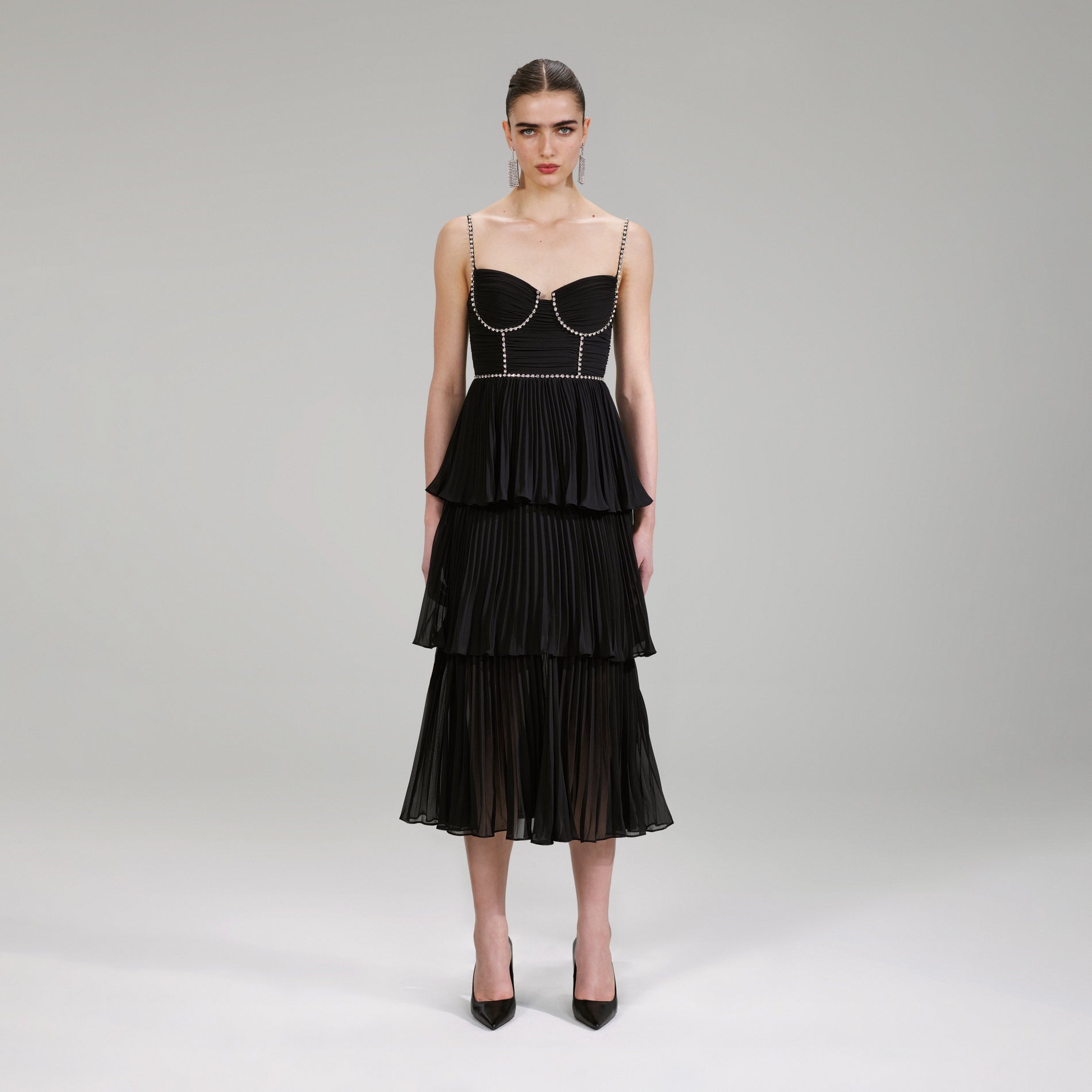 Black Chiffon Tiered Midi Dress