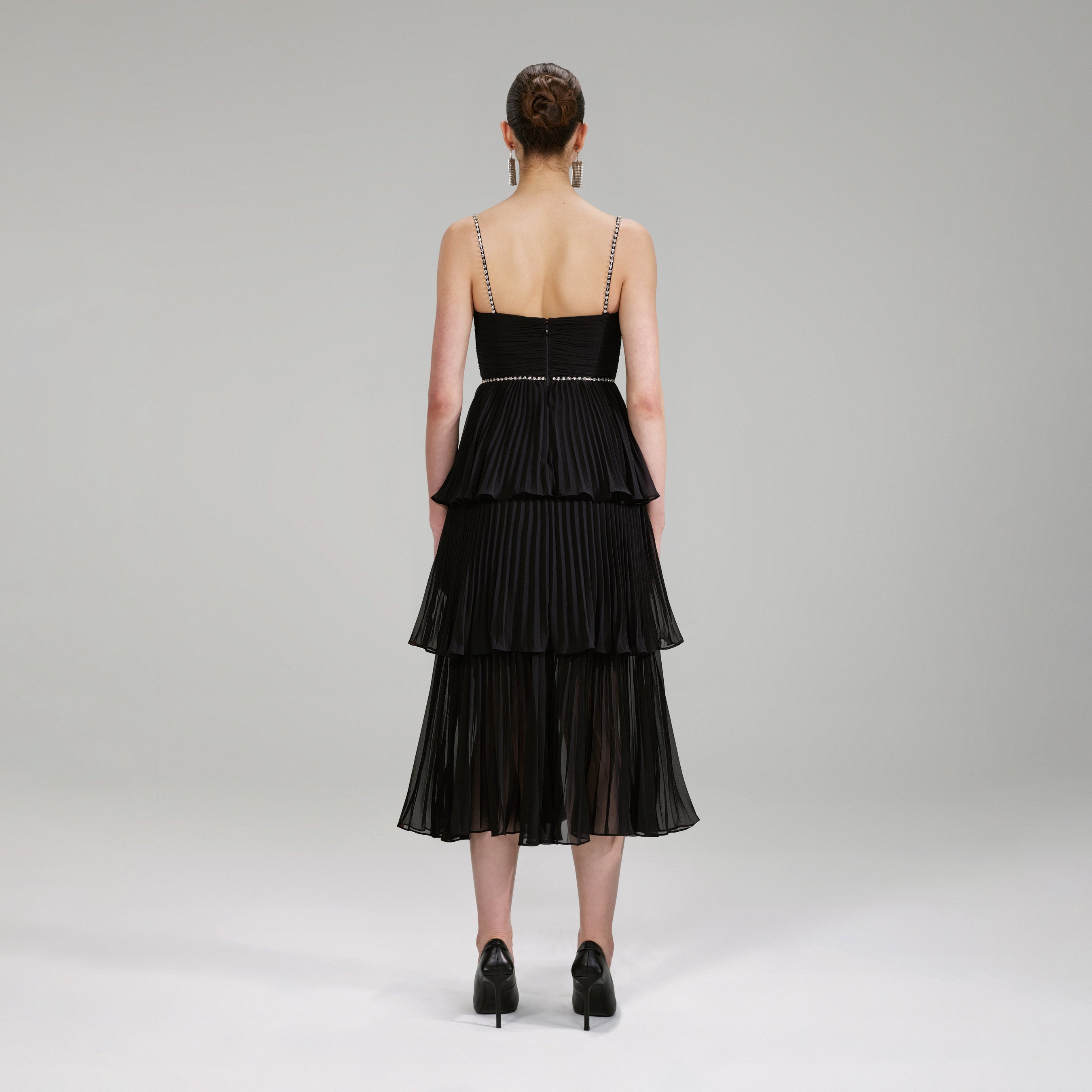 Black Chiffon Tiered Midi Dress