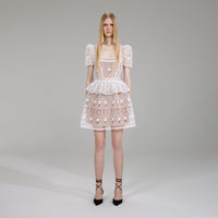 White Guipure Lace Tiered Mini Dress