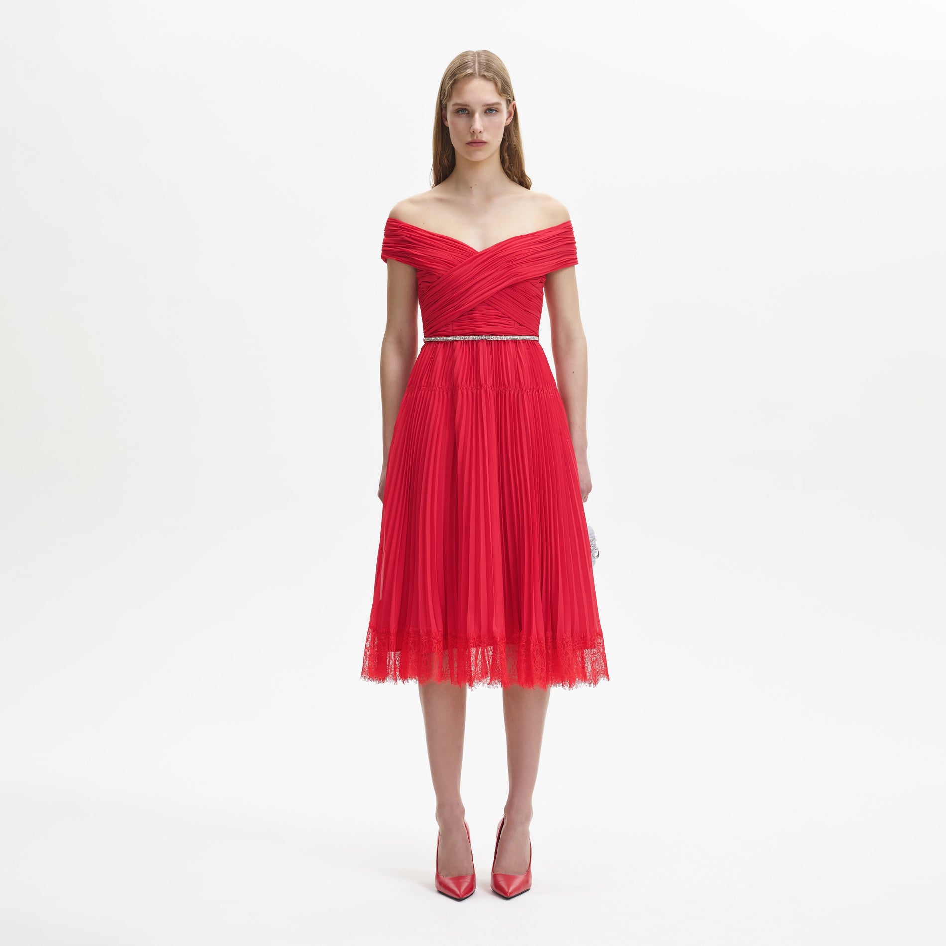 Front view of a woman wearing the Red Chiffon Off Shoulder Midi Dress