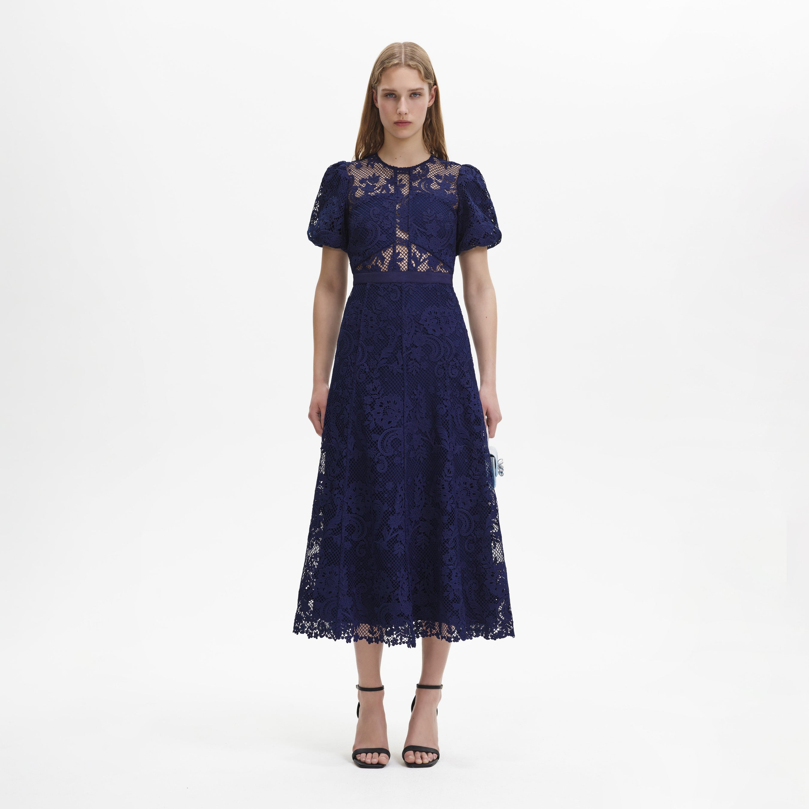 Navy Lace Puff Sleeve Midi Dress