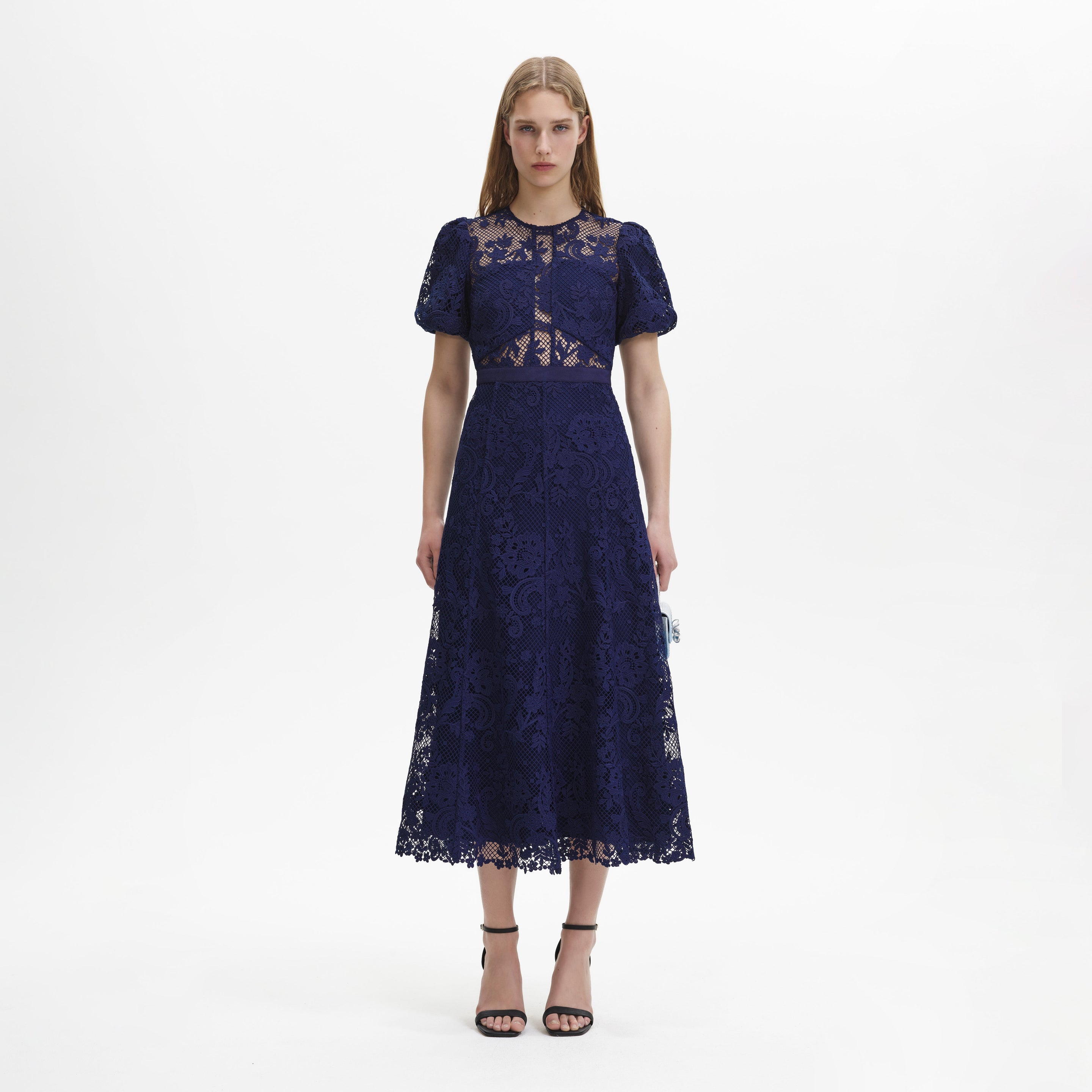 Self-Portrait Navy Guipure Floral Lace Overlay Strappy Midi Dress