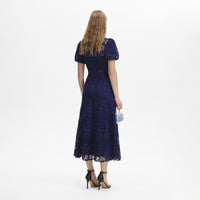 Navy Lace Puff Sleeve Midi Dress