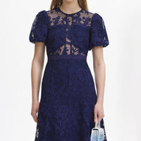 Navy Lace Puff Sleeve Midi Dress